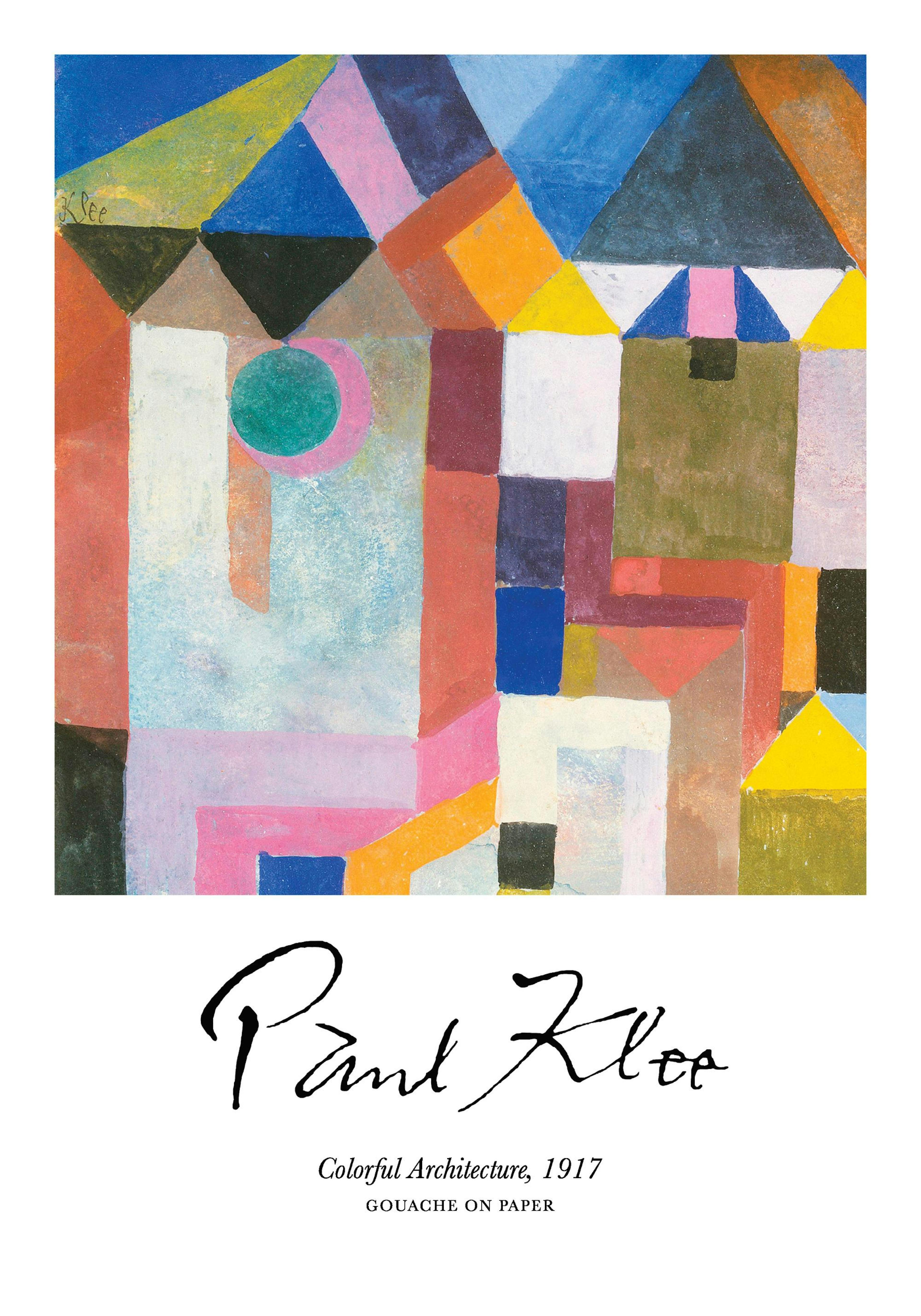 Paul Klees Colorful Architecture print shows abstract multicolored cubes, geometric shapes, and forms.