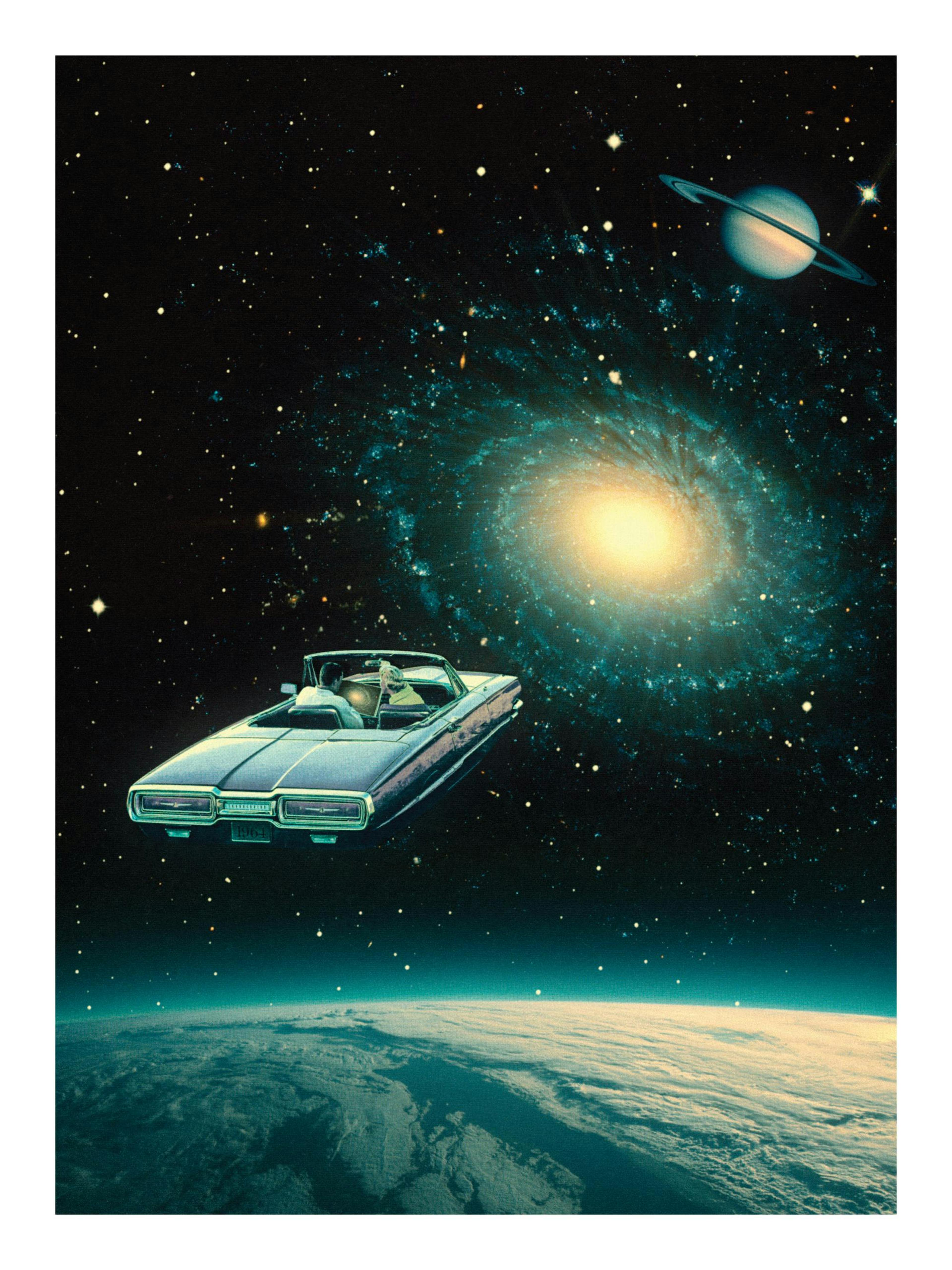 Retro car flying through space, with a galaxy, Saturn, and Earth visible in the background, cosmic art print