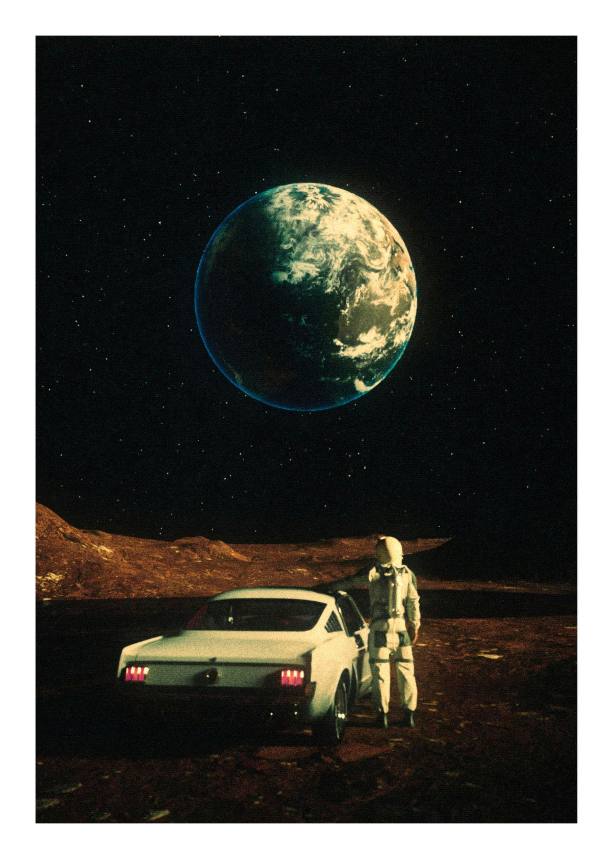 Astronaut and white car on a moon-like surface, gazing at Earth in the dark starry sky. Space art poster.