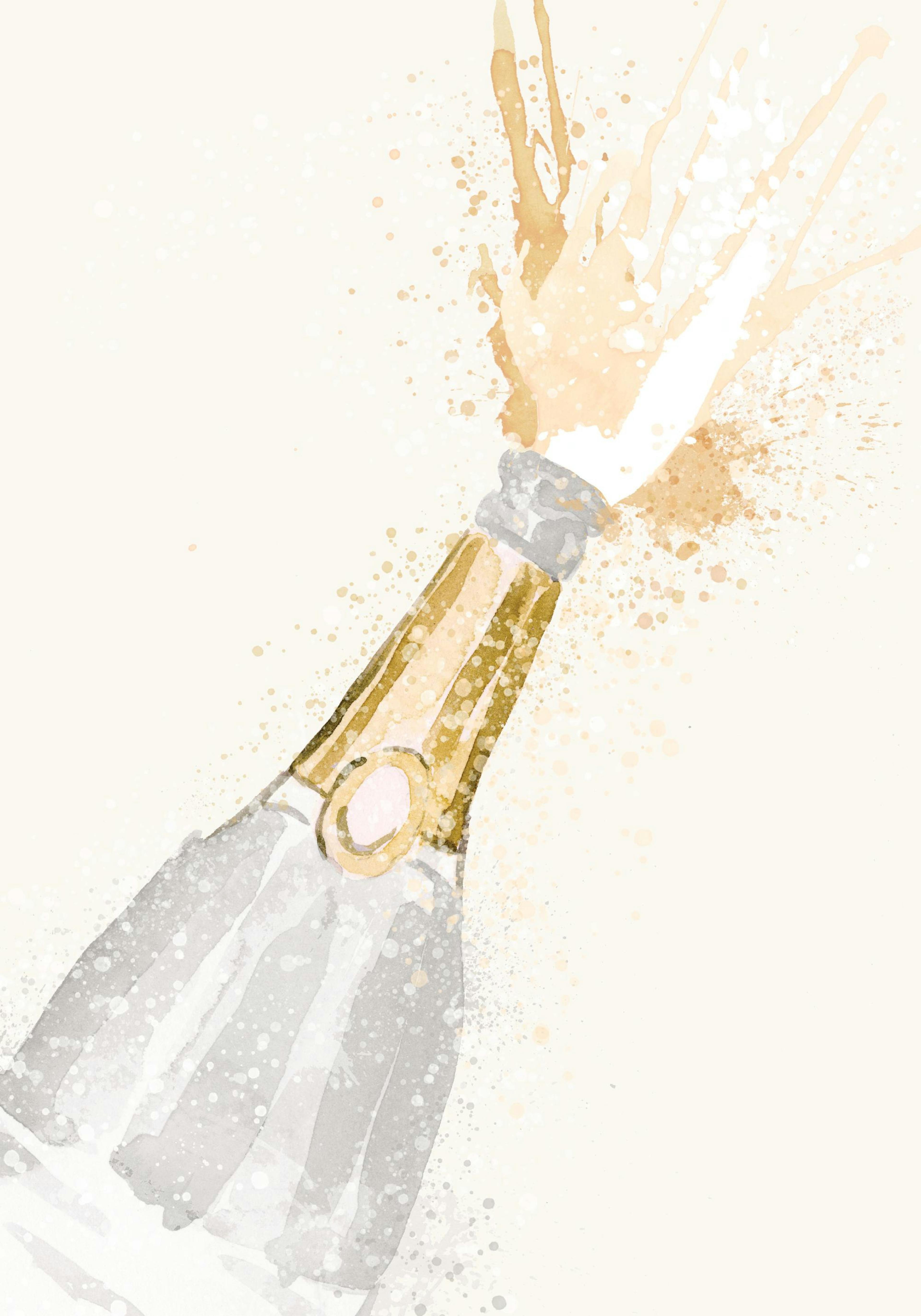 Watercolor champagne bottle popping with golden fizz, a celebration print perfect for any poster.