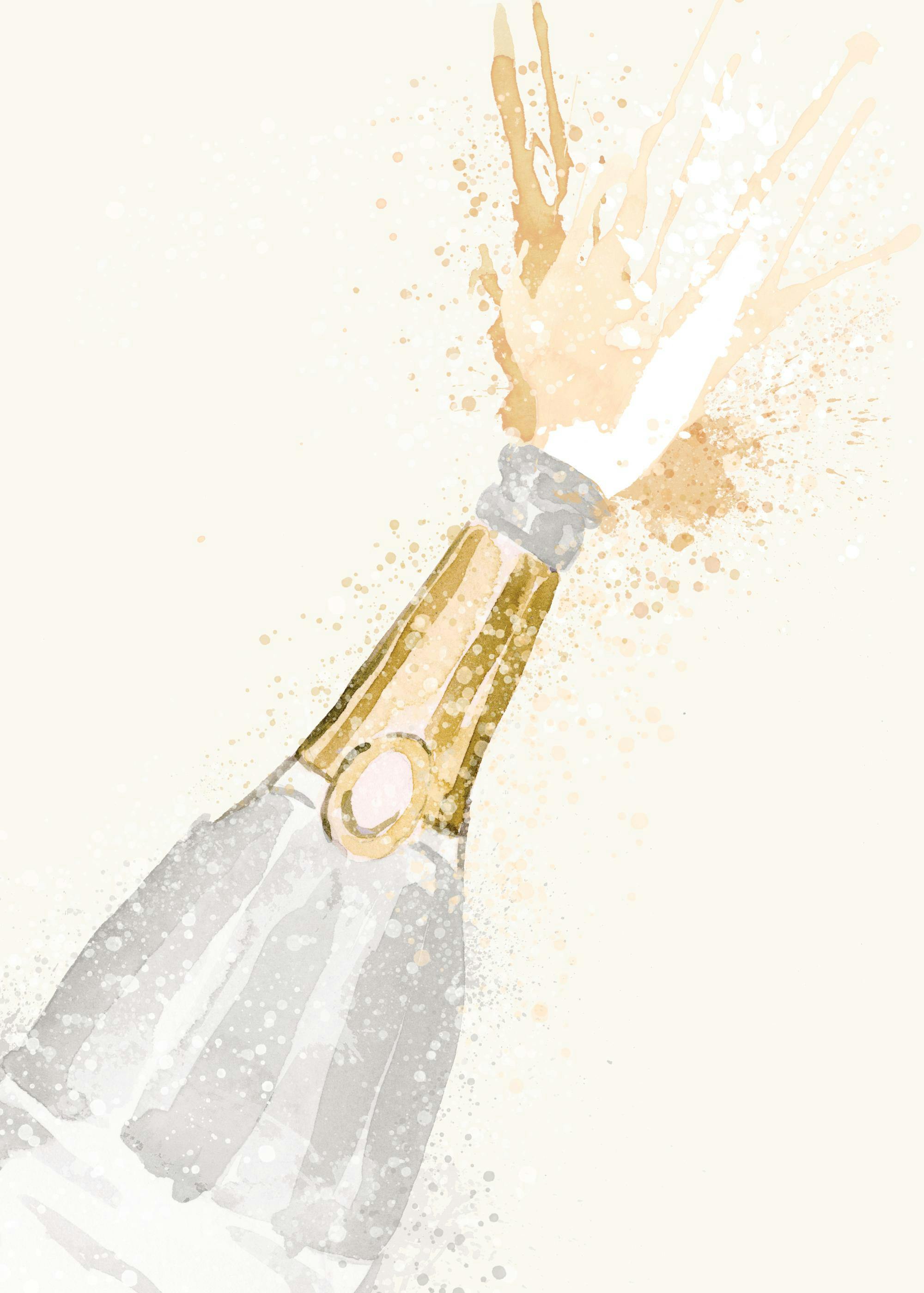 Watercolour art of a champagne bottle popping, golden bubbly liquid and white splashes against a light background.