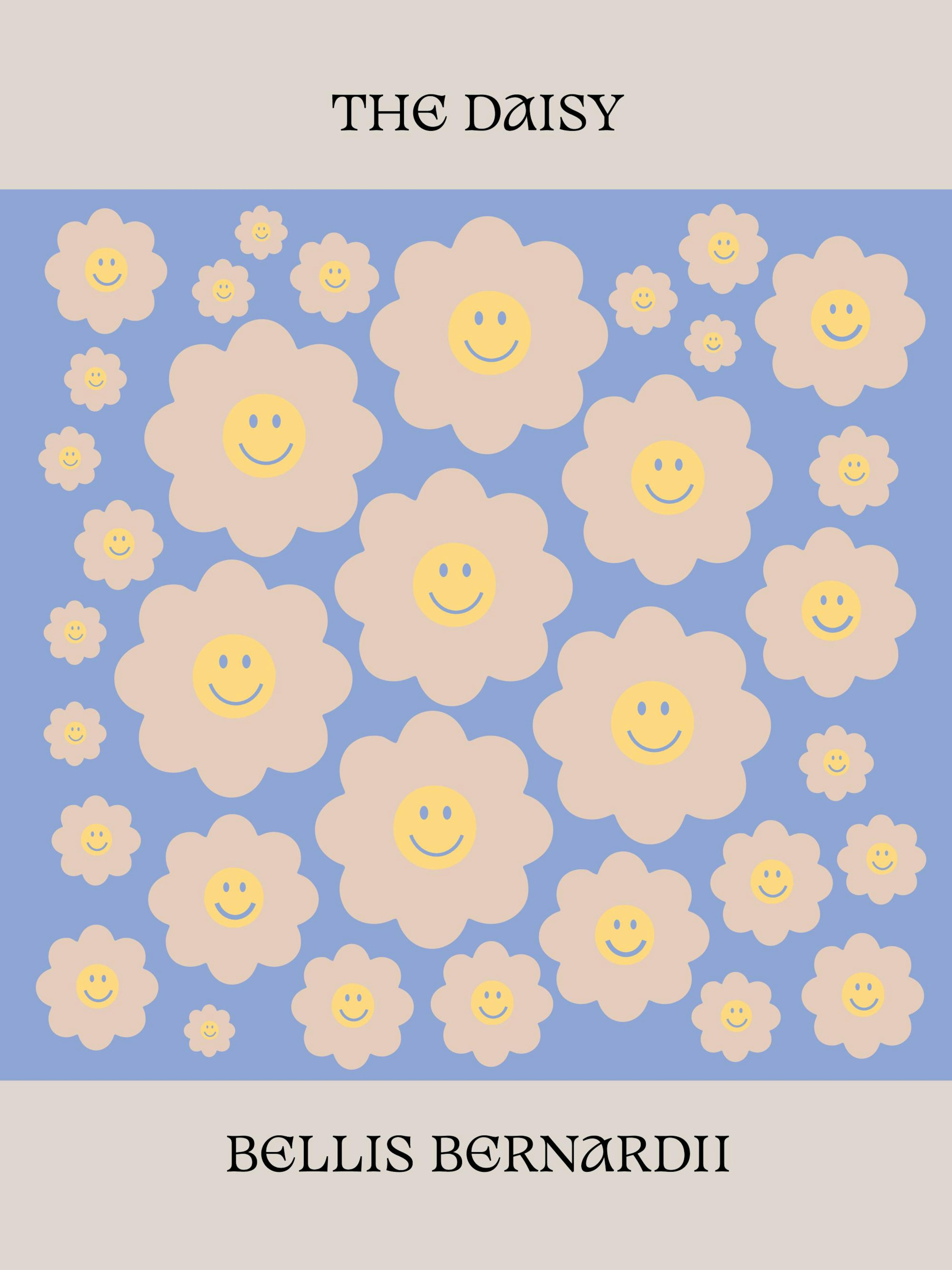 Blå poster med beige blommor med smileyansikten, texten The Daisy och Bellis Bernardii.