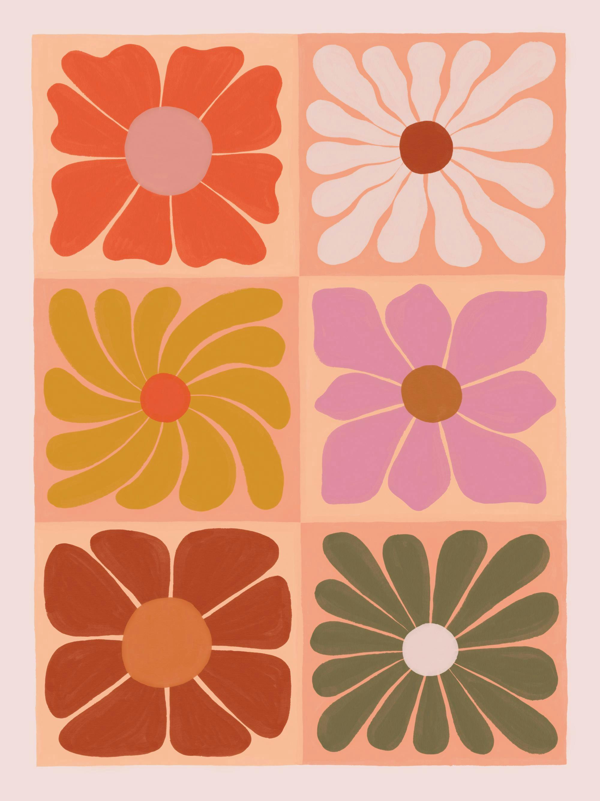 Fyrkantig poster med sex grafiska blommor i olika färger som rött, gult, rosa och grönt, på en rutig rosa bakgrund.