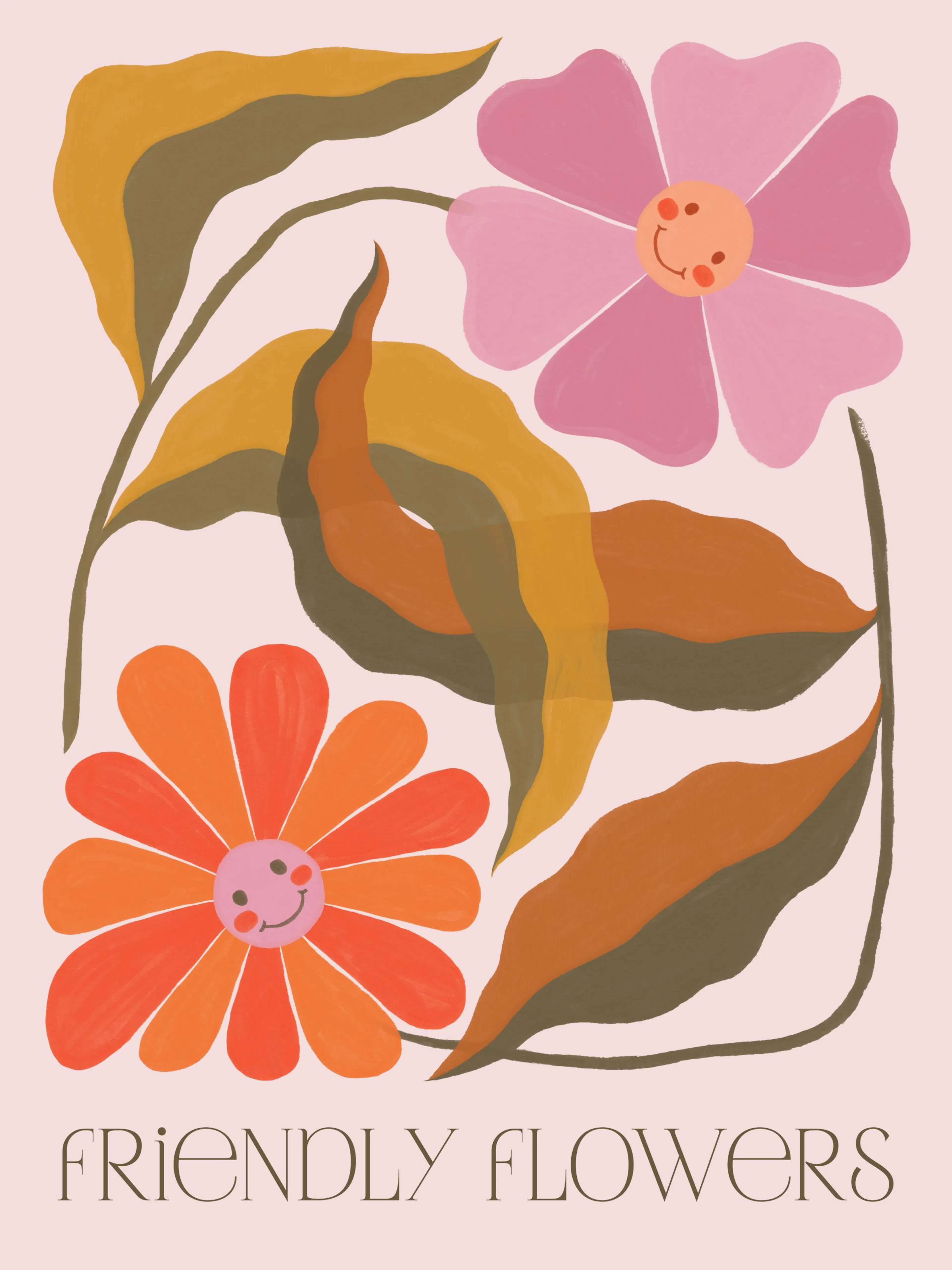 Colorful flower print poster with pink and orange happy flowers, green and brown leaves, and Friendly Flowers text.