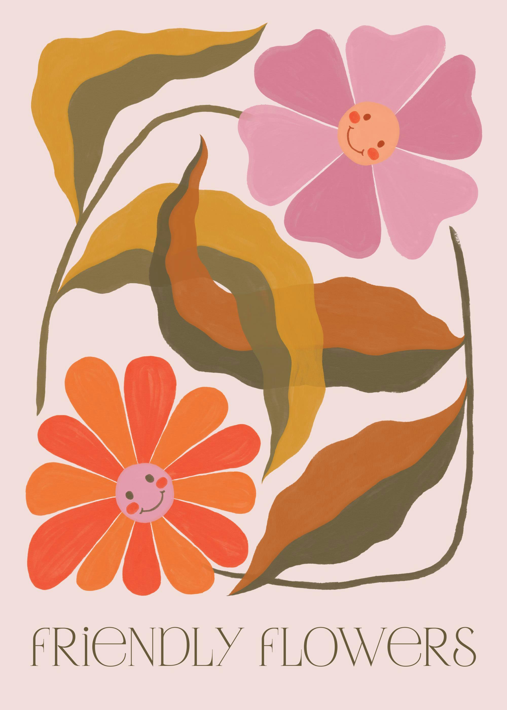 Πόστερ με χαρούμενα λουλούδια, ροζ και πορτοκαλί άνθη με χαμογελαστά πρόσωπα και γήινα φύλλα.
