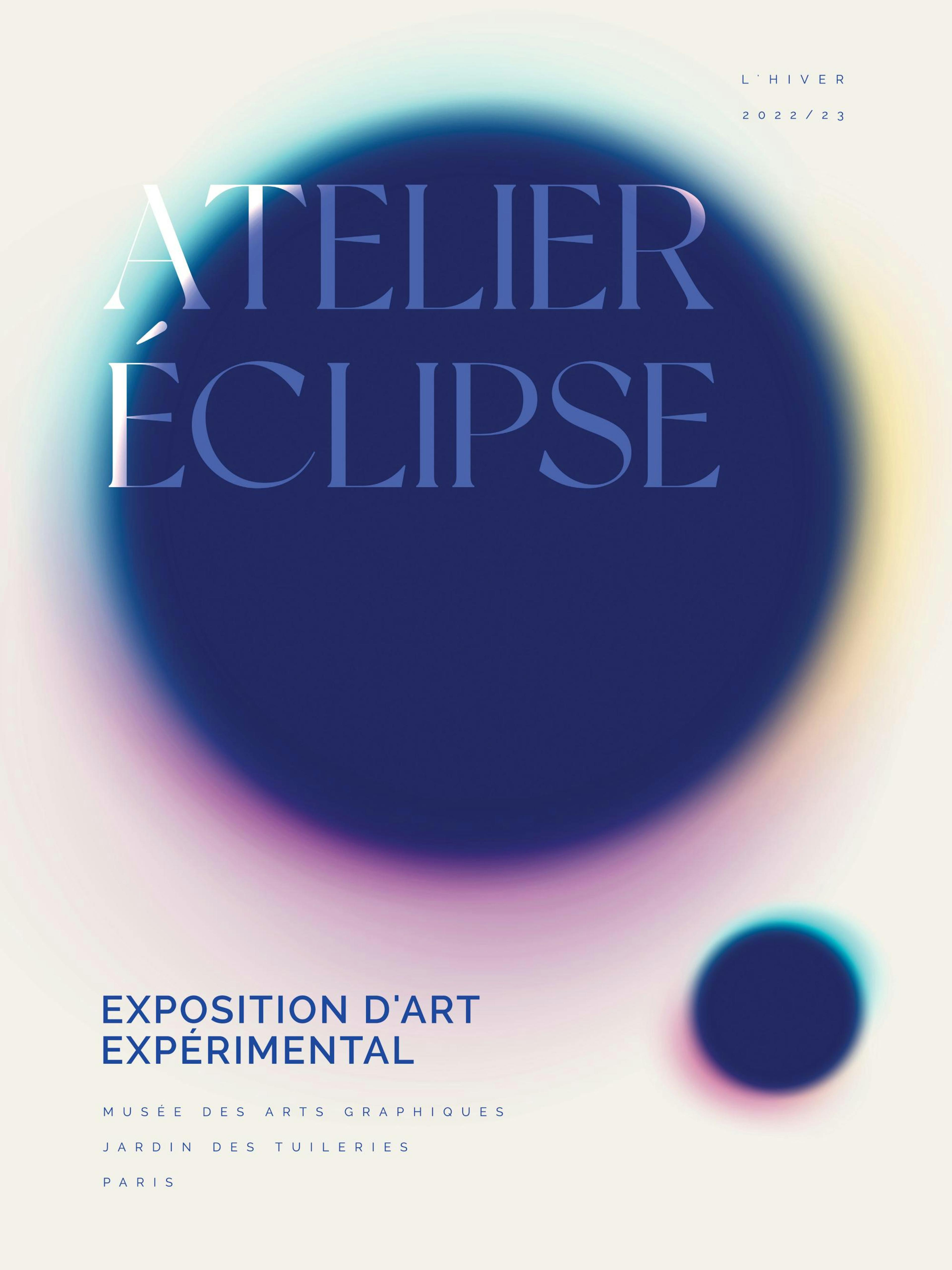 Graphic print with faded blue circle and Atelier Eclipse text, ideal as a poster print.