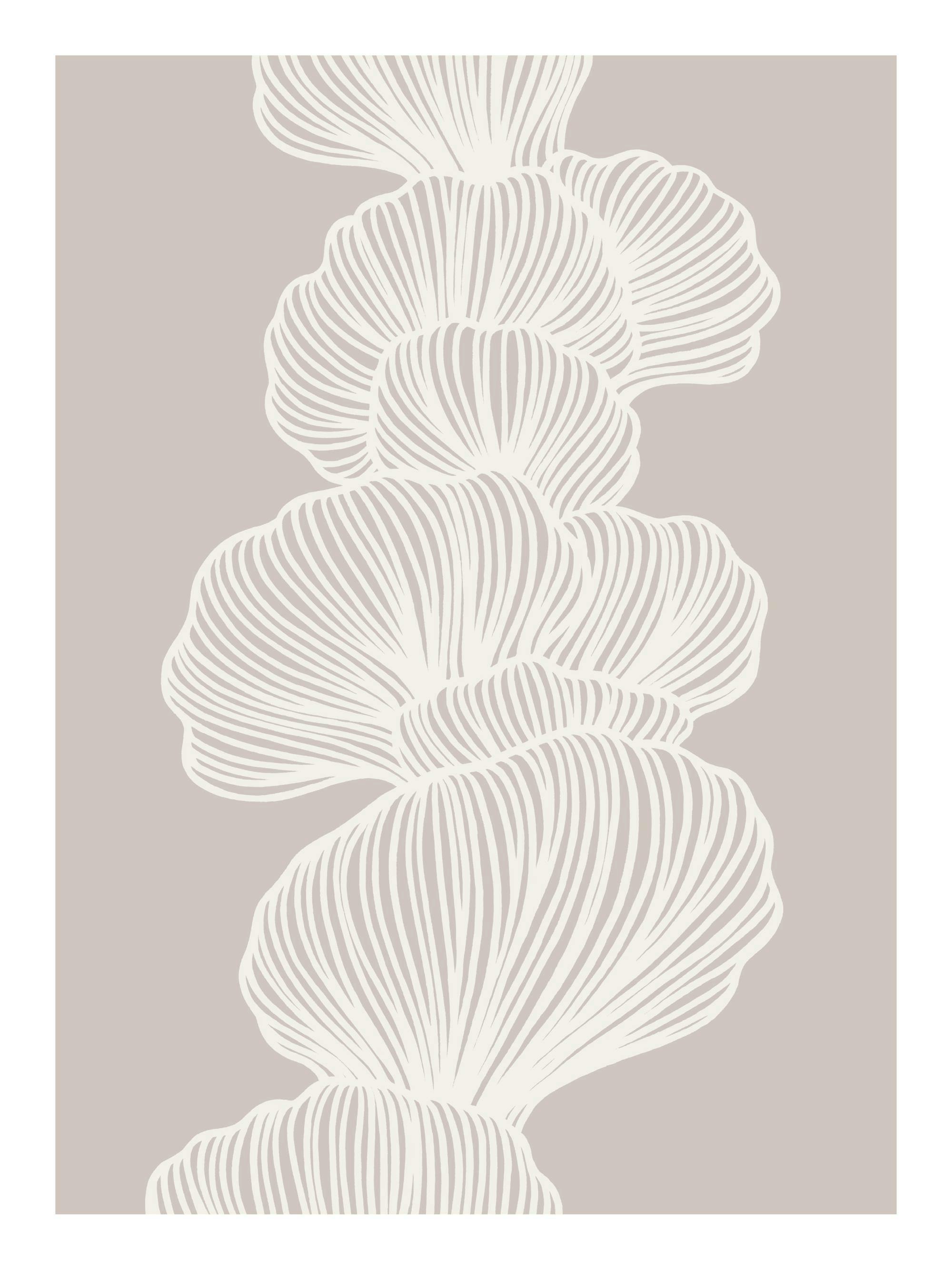 Vit art line poster med organiska former som liknar blommande blommor, på en beige bakgrund.