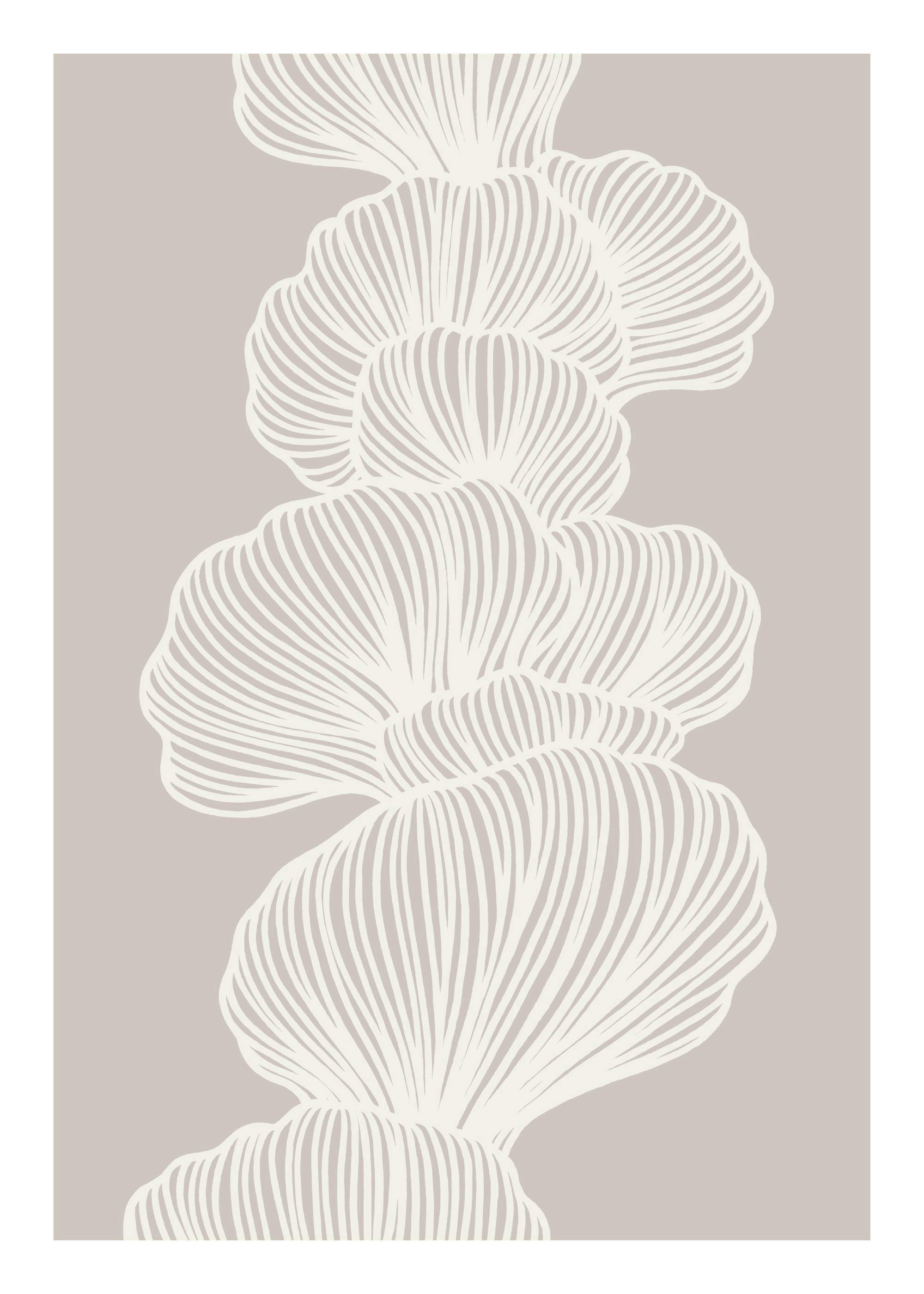Affiche dart abstrait design organique : formes linéaires blanches sur fond beige.