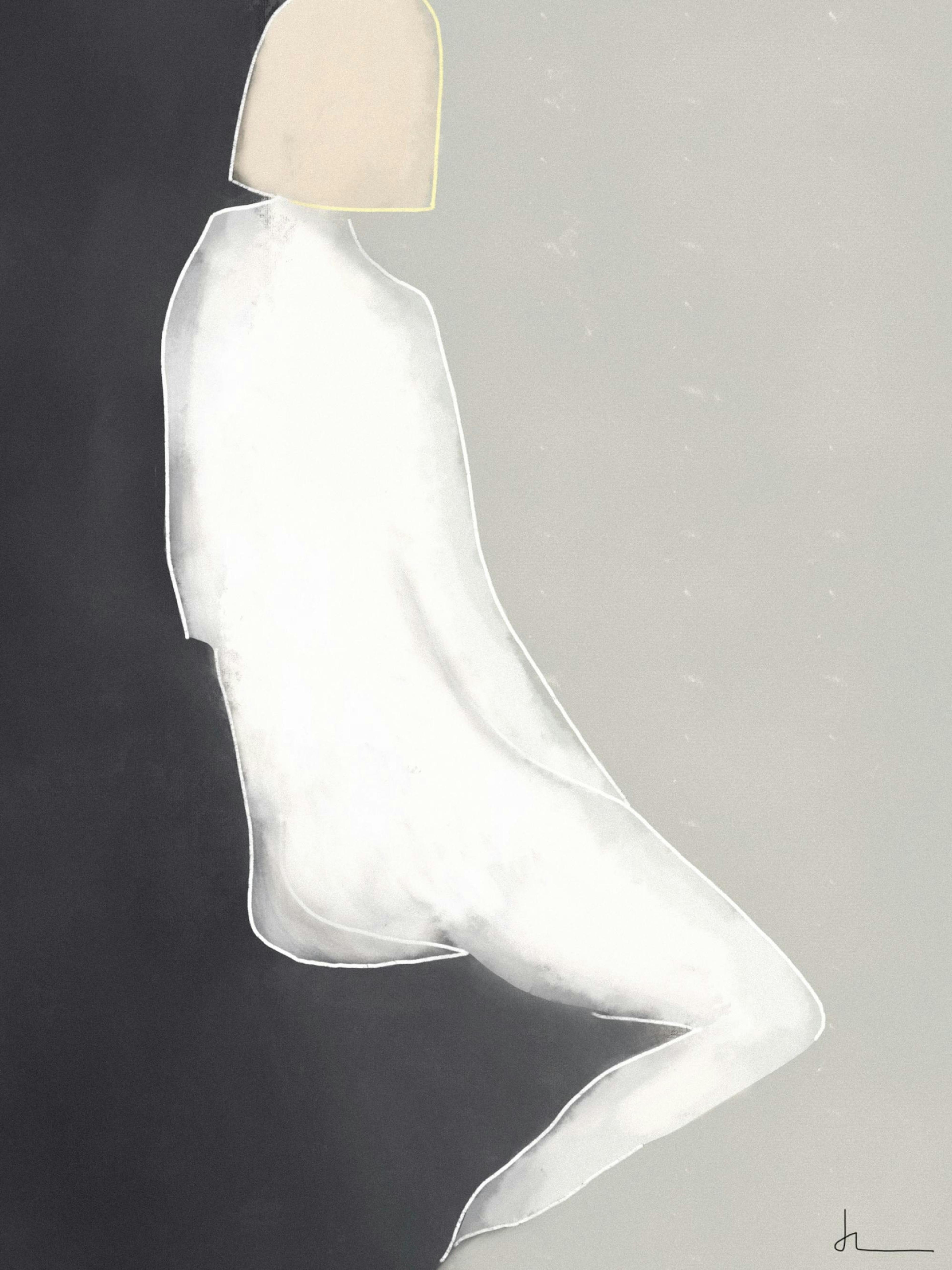 Abstract art poster of a woman from behind in white, with a patchy texture. Hope print.
