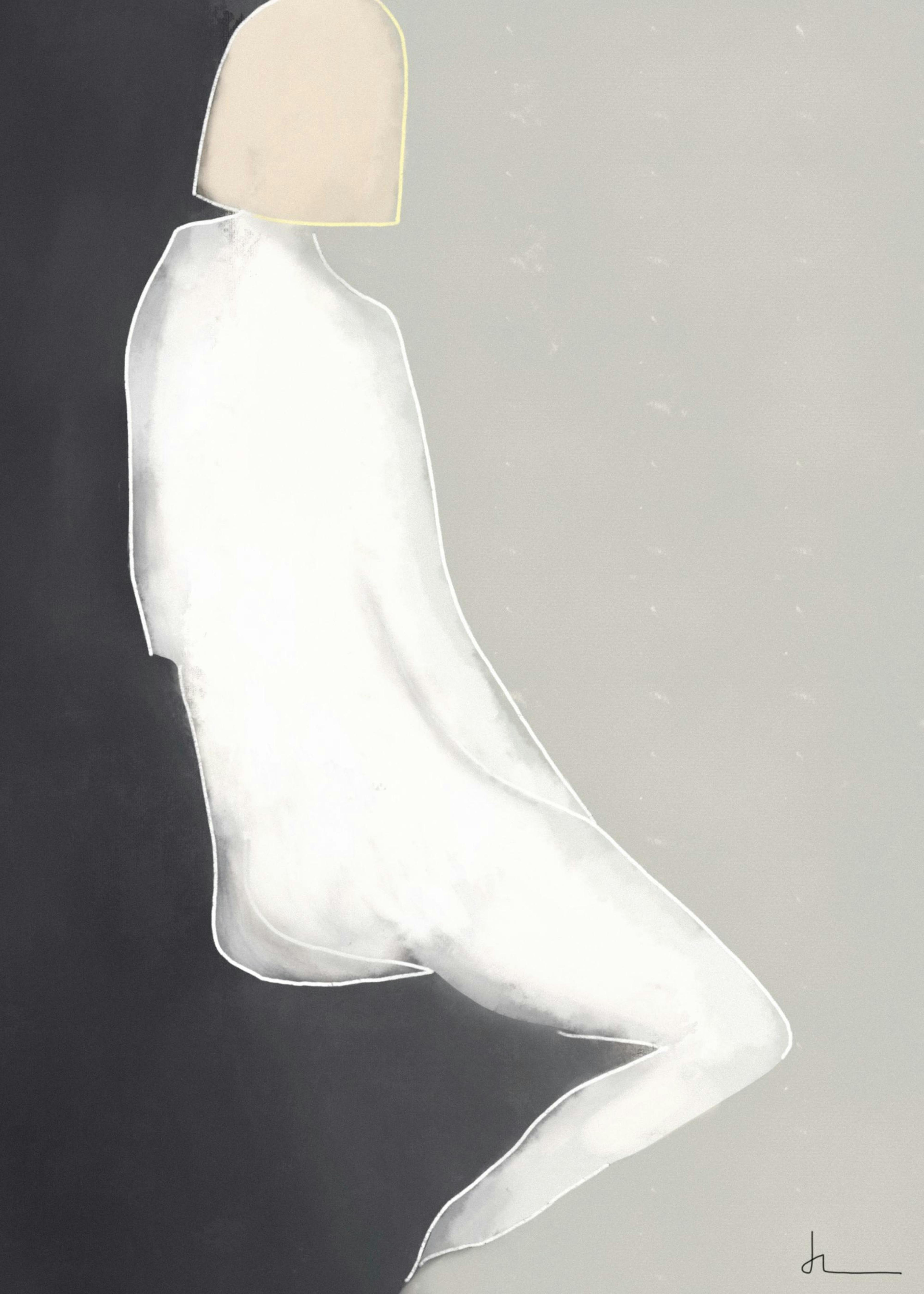 Affiche abstraite minimaliste dune femme en blanc assise de dos, effet texturé, signé Julia Lysén