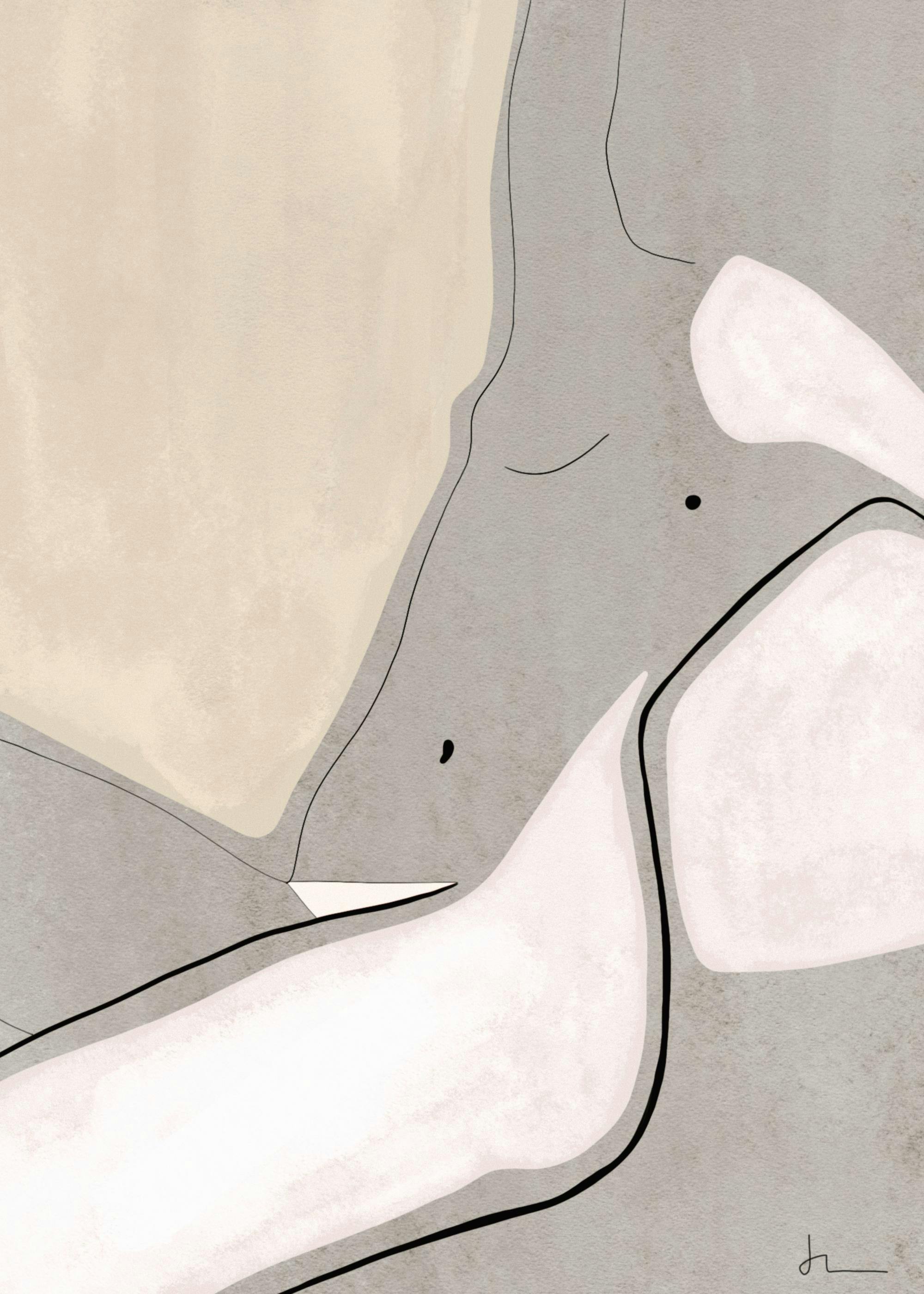 Abstract art poster with earthy shapes in beige, grey, and white with black outlines by Julia Lysén.