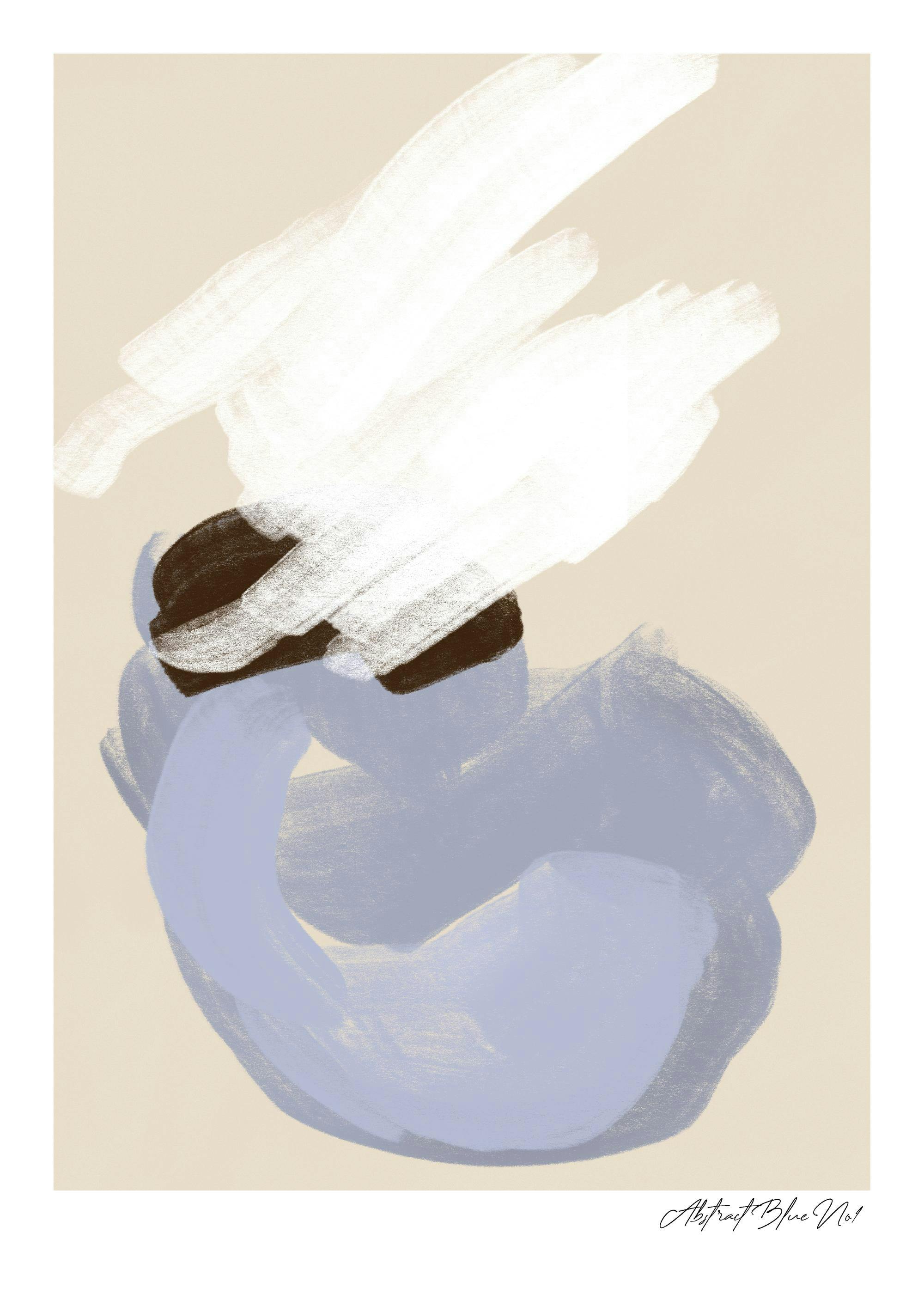 Plakat Abstrakcyjny Niebieski No1, białe, niebieskie, brązowe pola kolorów na beżowym tle, wzornictwo ziemiste.