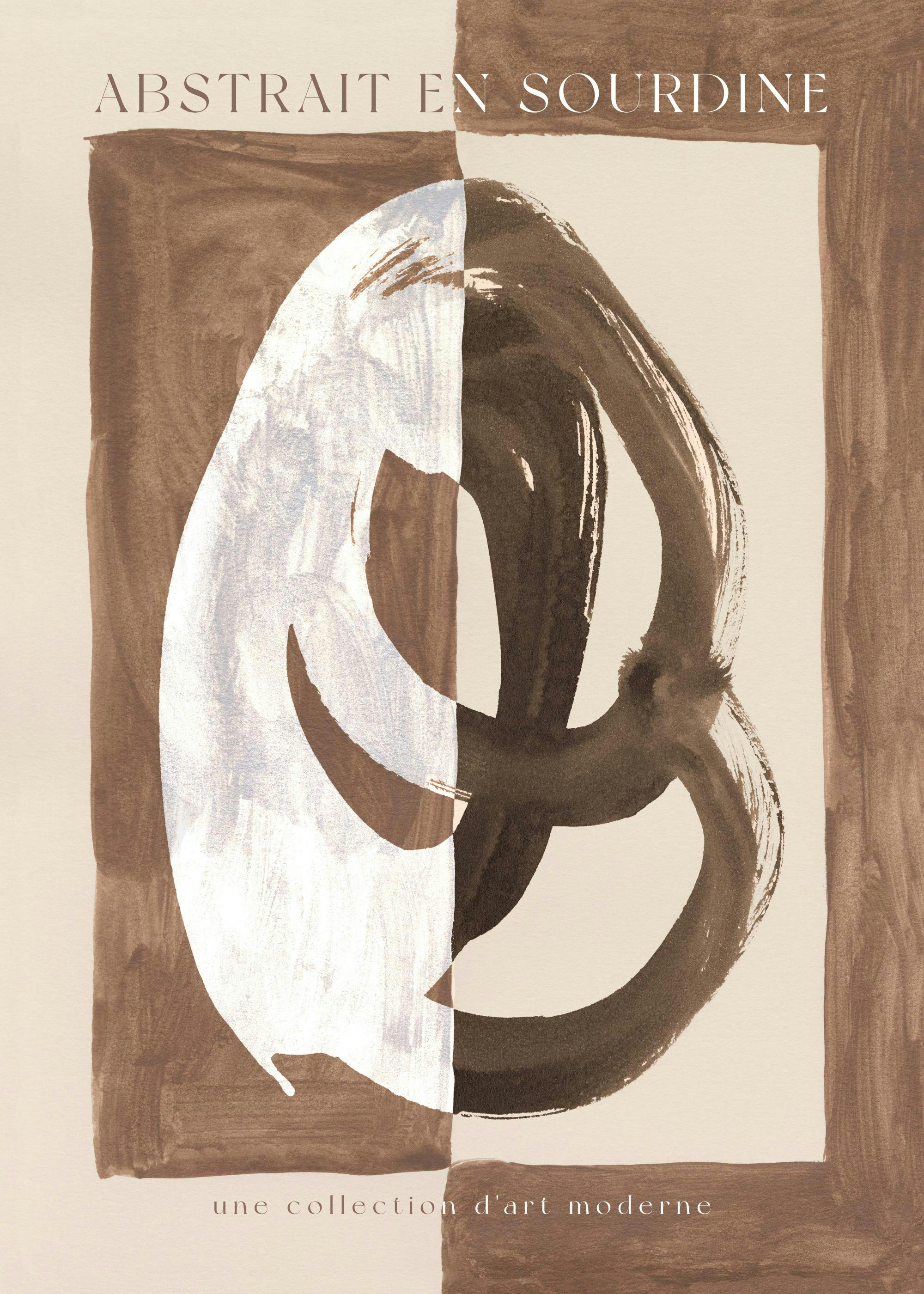 Abstract art print with white and brown contrasting colour strokes on a beige background, forming unique shapes.