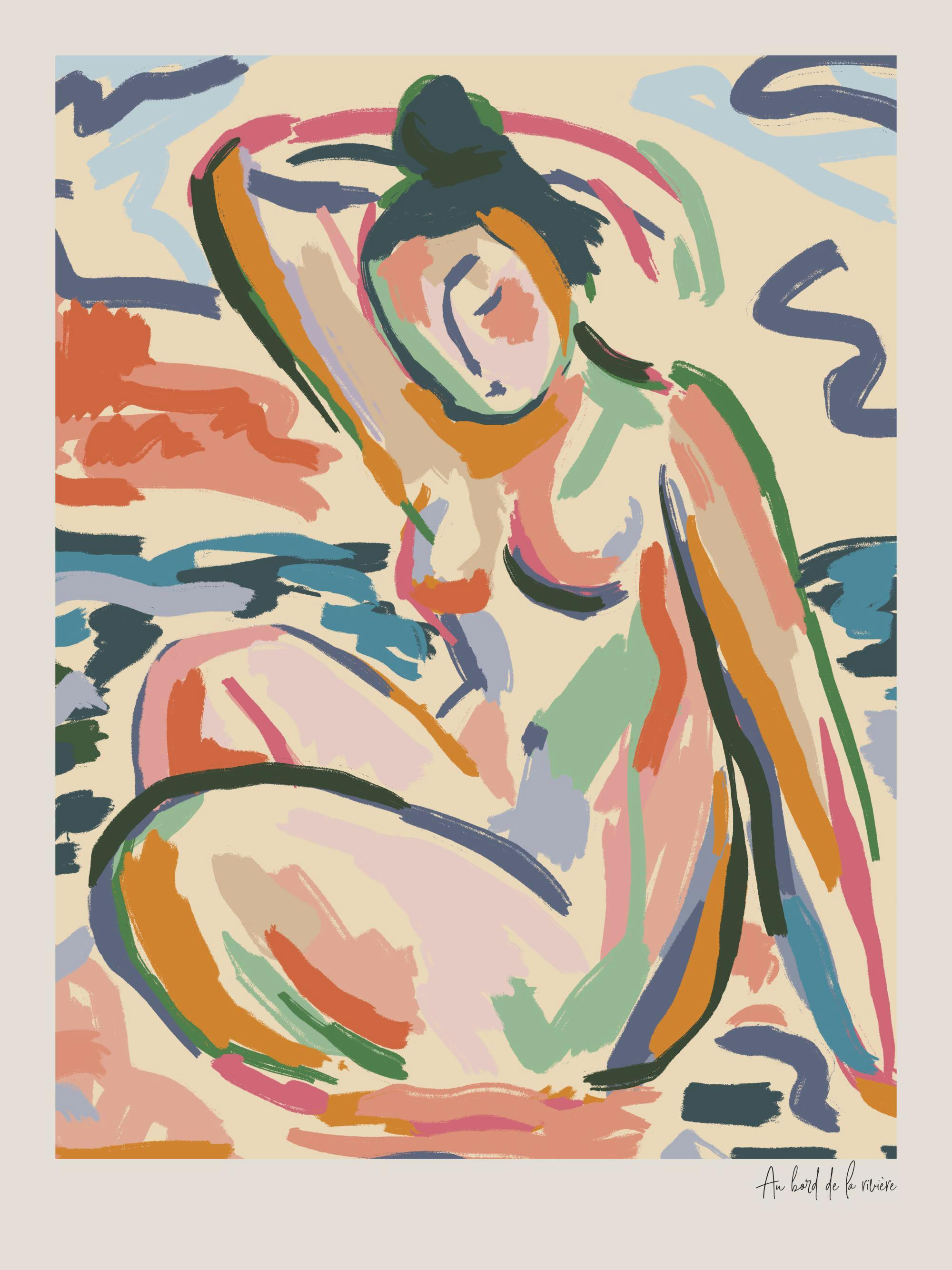 Abstrakt penselporträtt av en färgstark kvinna som sitter vid floden, med flytande former och livfulla nyanser.