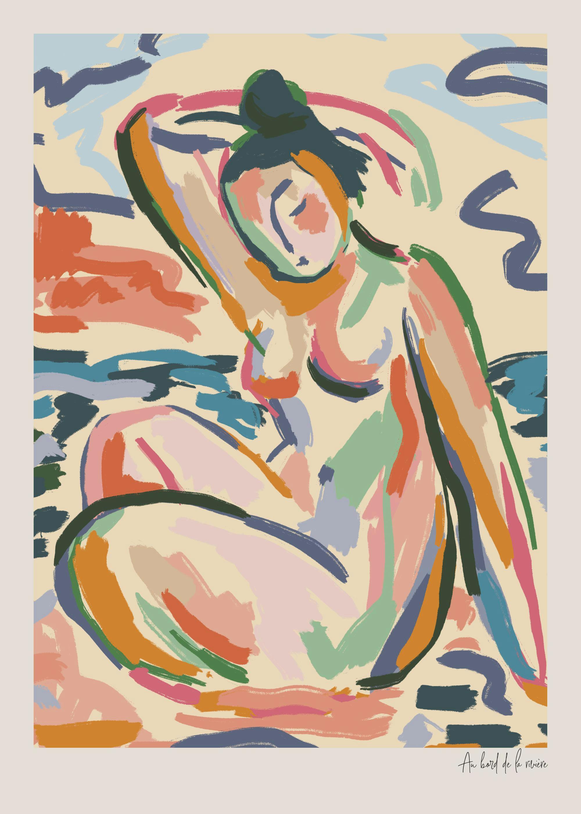 Colourful abstract stroke painting of a woman sitting by the river, nude art poster.