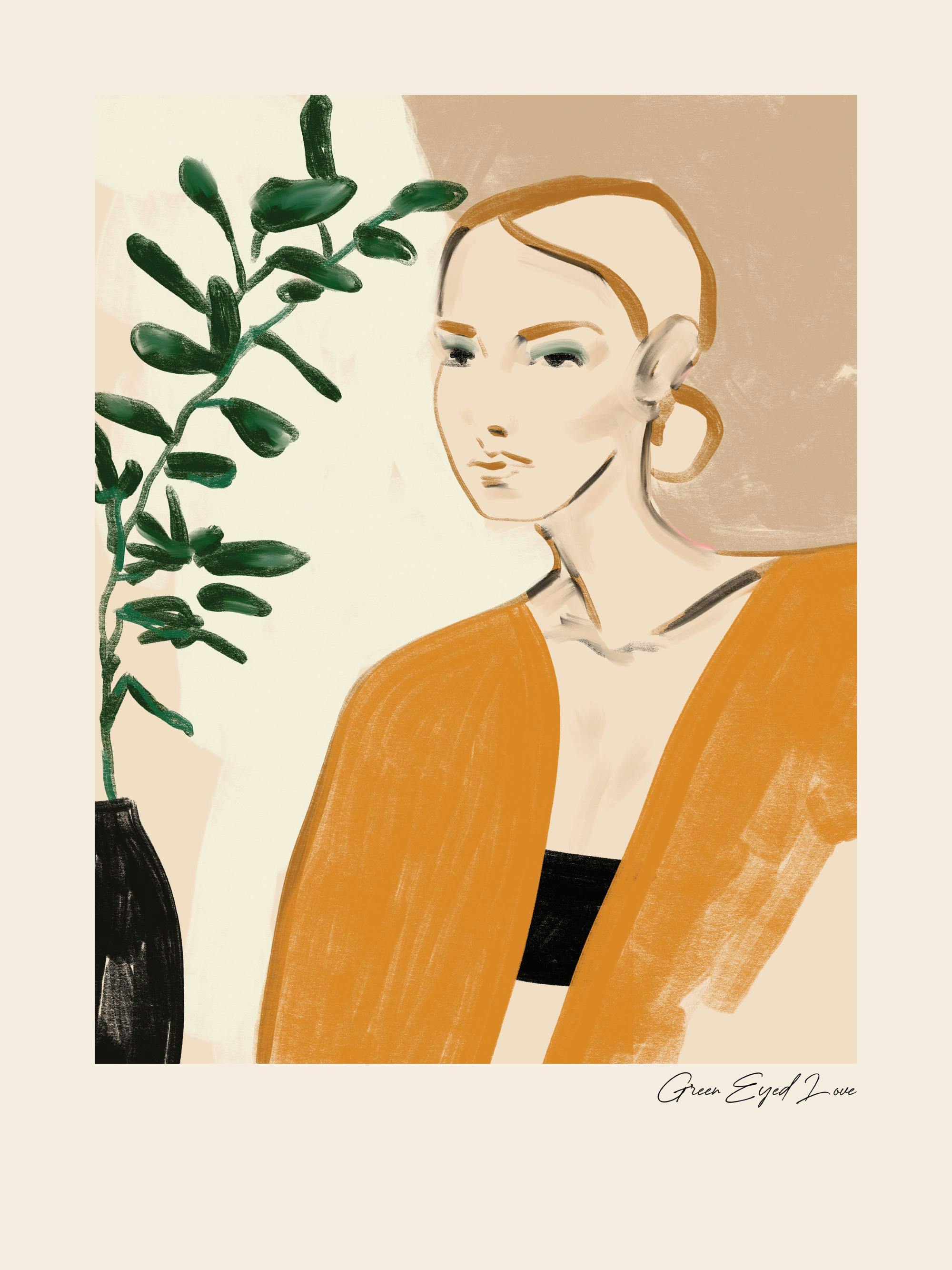 Affiche Green Eyed Love, portrait dune femme en orange avec des yeux verts et des plantes