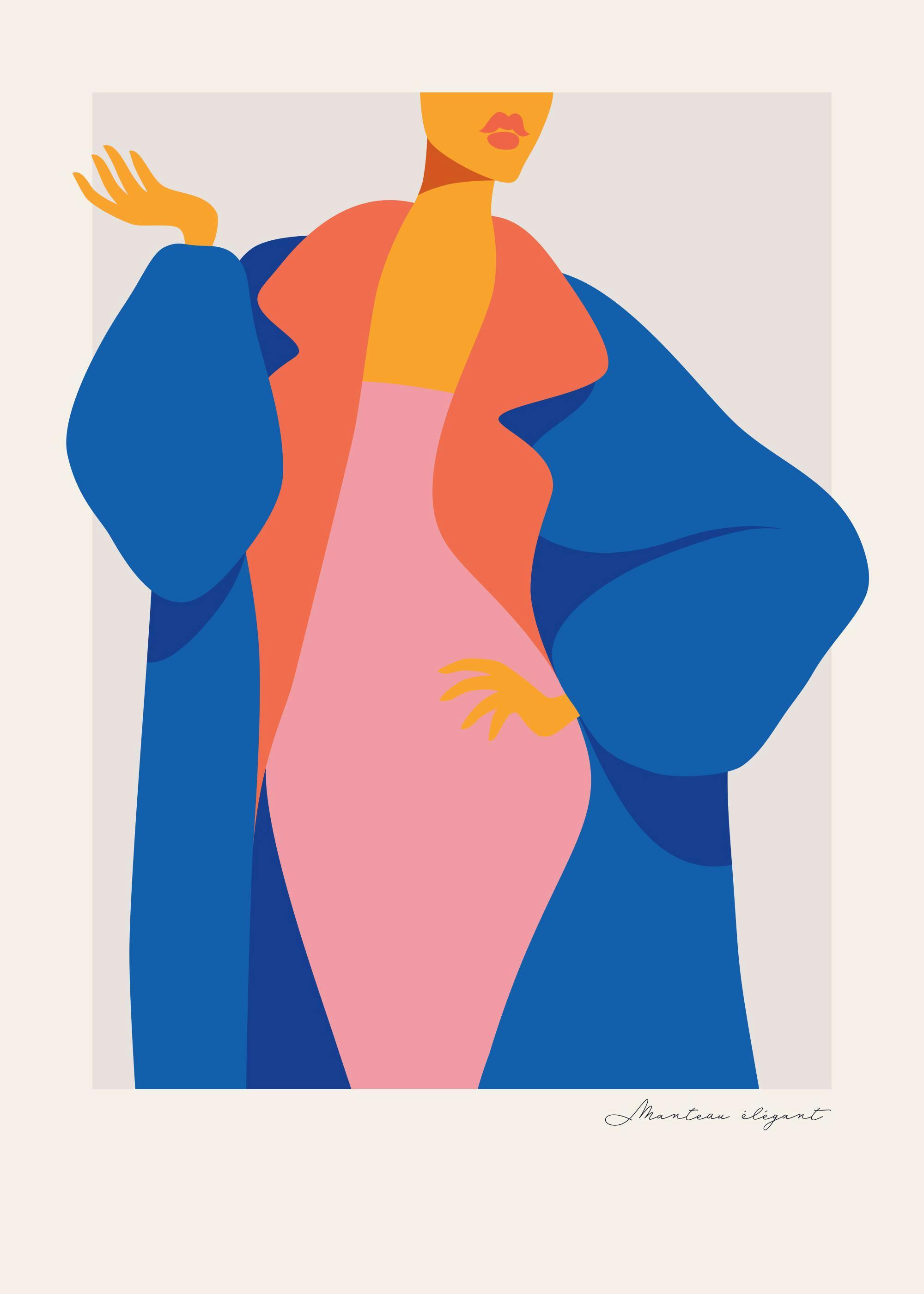Sassy woman in a vibrant blue coat and pink dress art print, elegant fashion illustration, colourful wall decor.