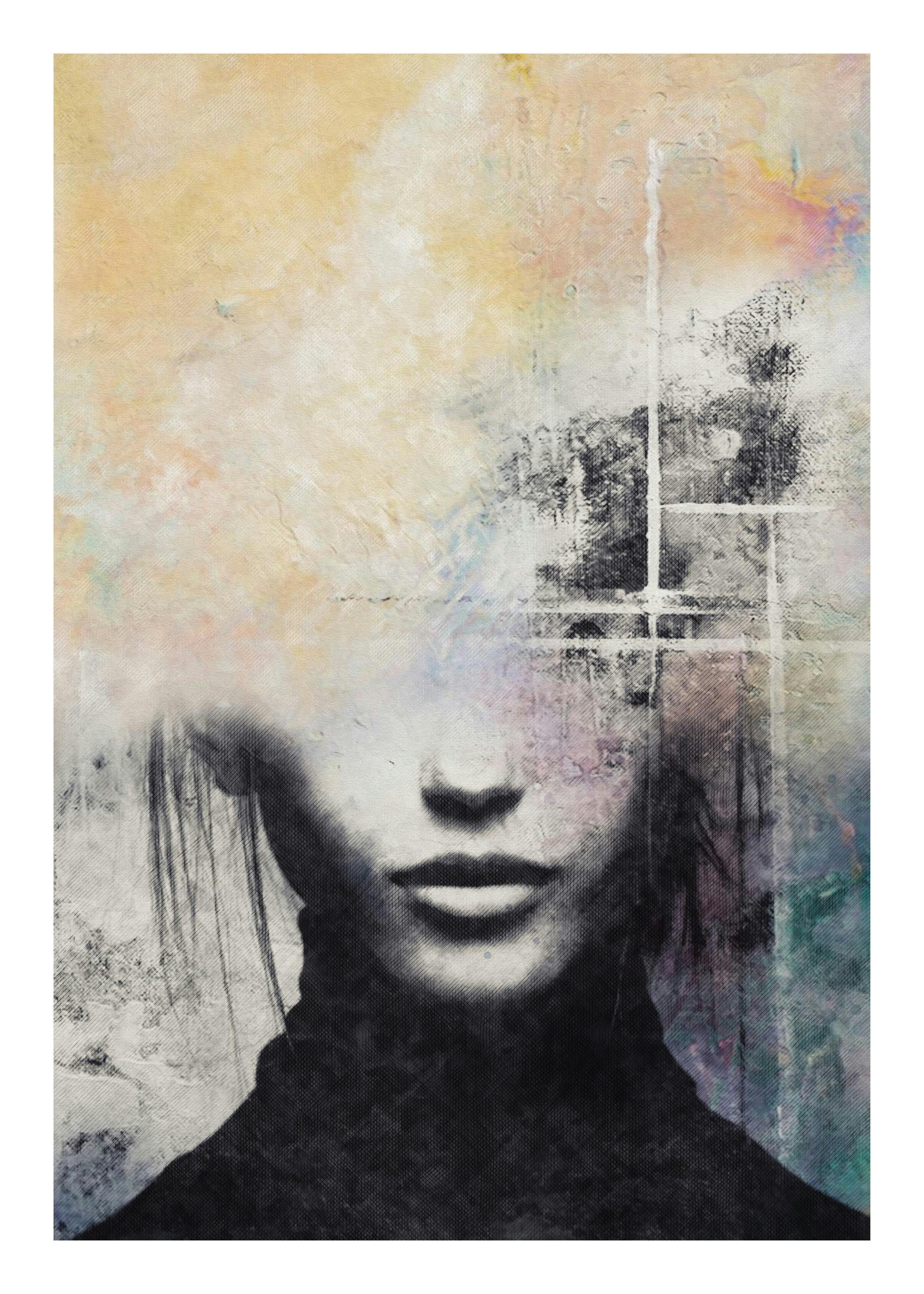 Illustration poster of a woman with covered eyes, abstract background print