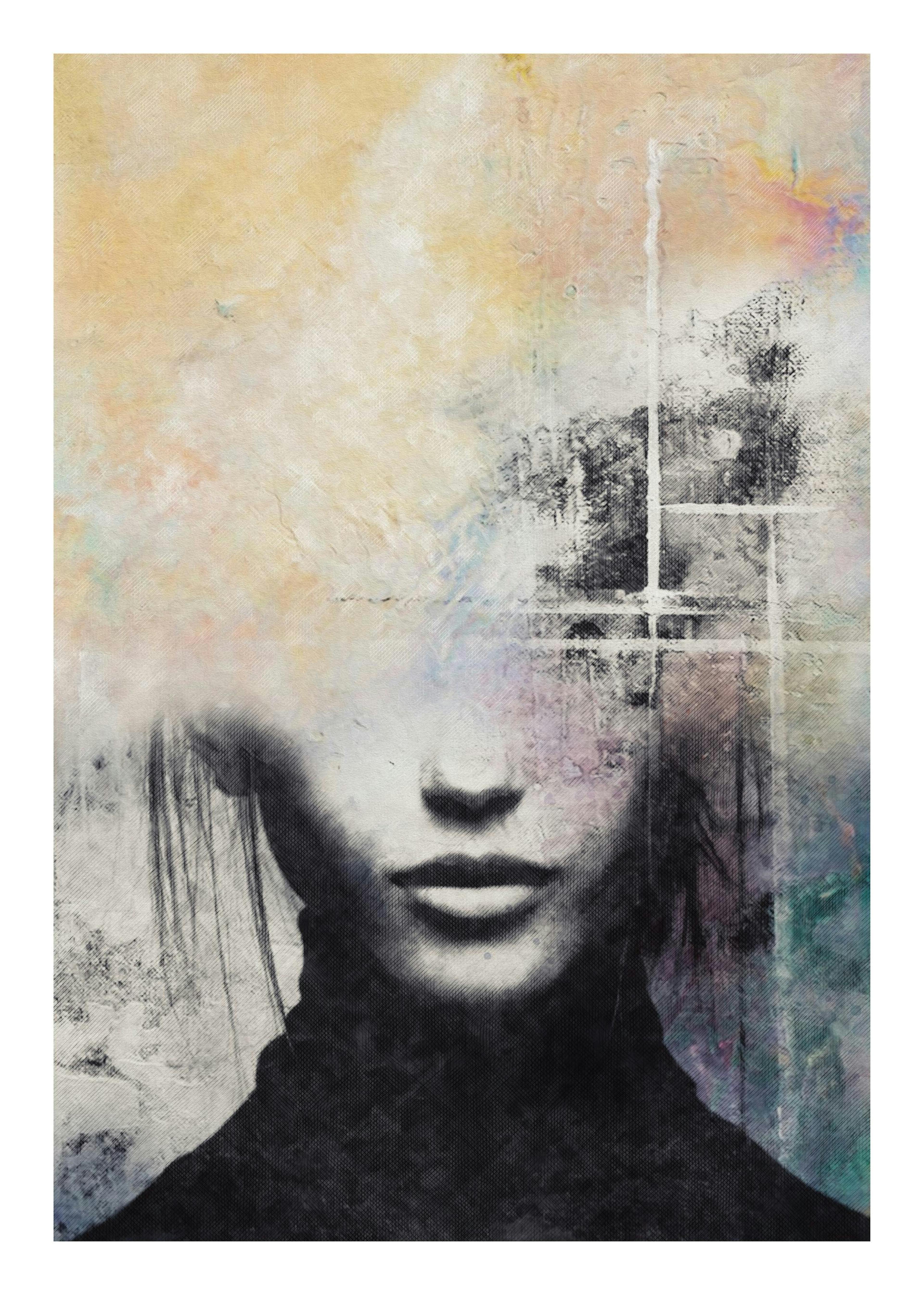 Affiche Le Concept de Beauté : illustration dune femme aux yeux couverts par un voile de couleurs pastel, typographie abstraite.