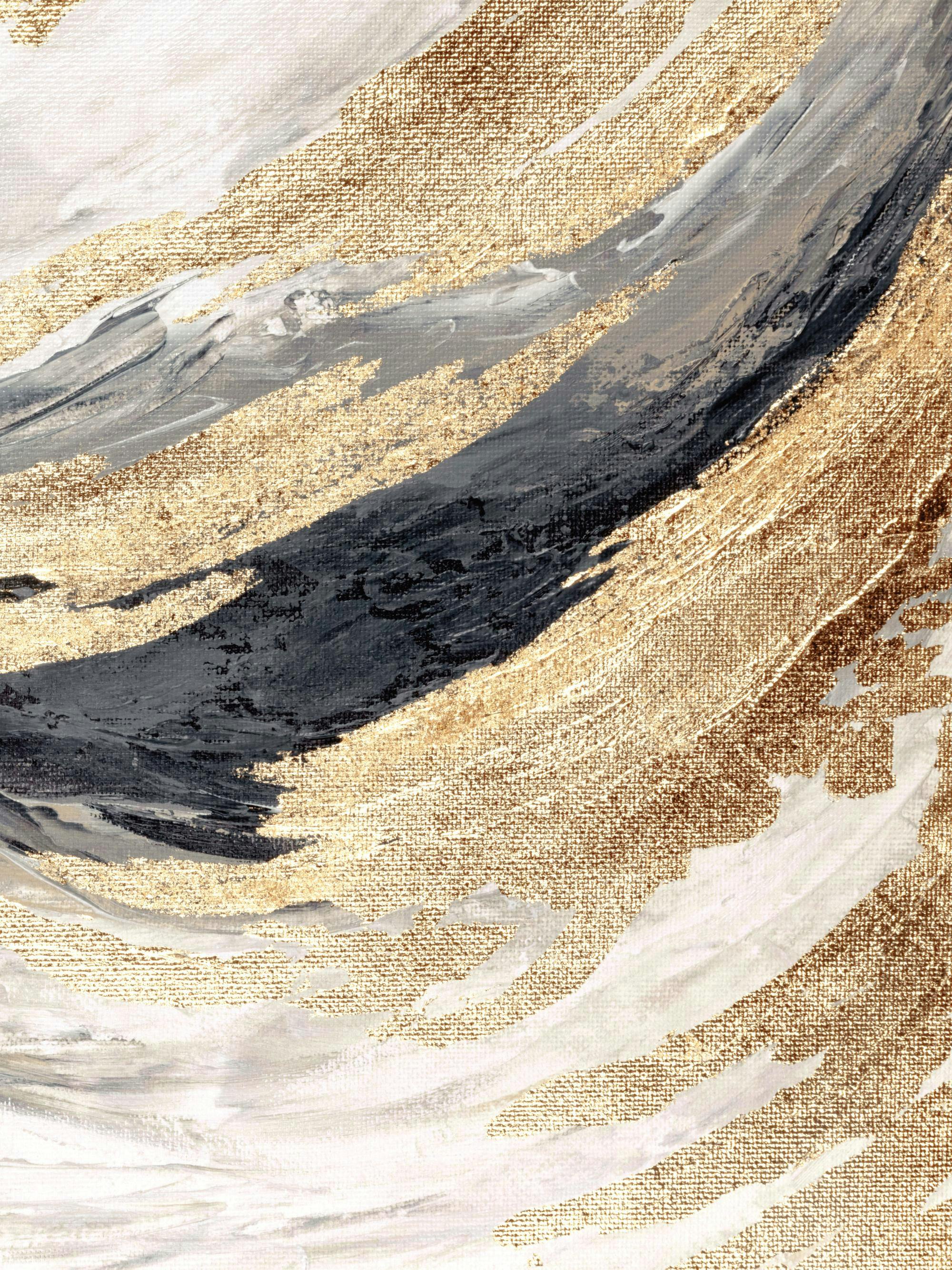 Abstrakt plakat med gylne og grå bølgeillustrasjoner, dynamisk kunsttrykk.