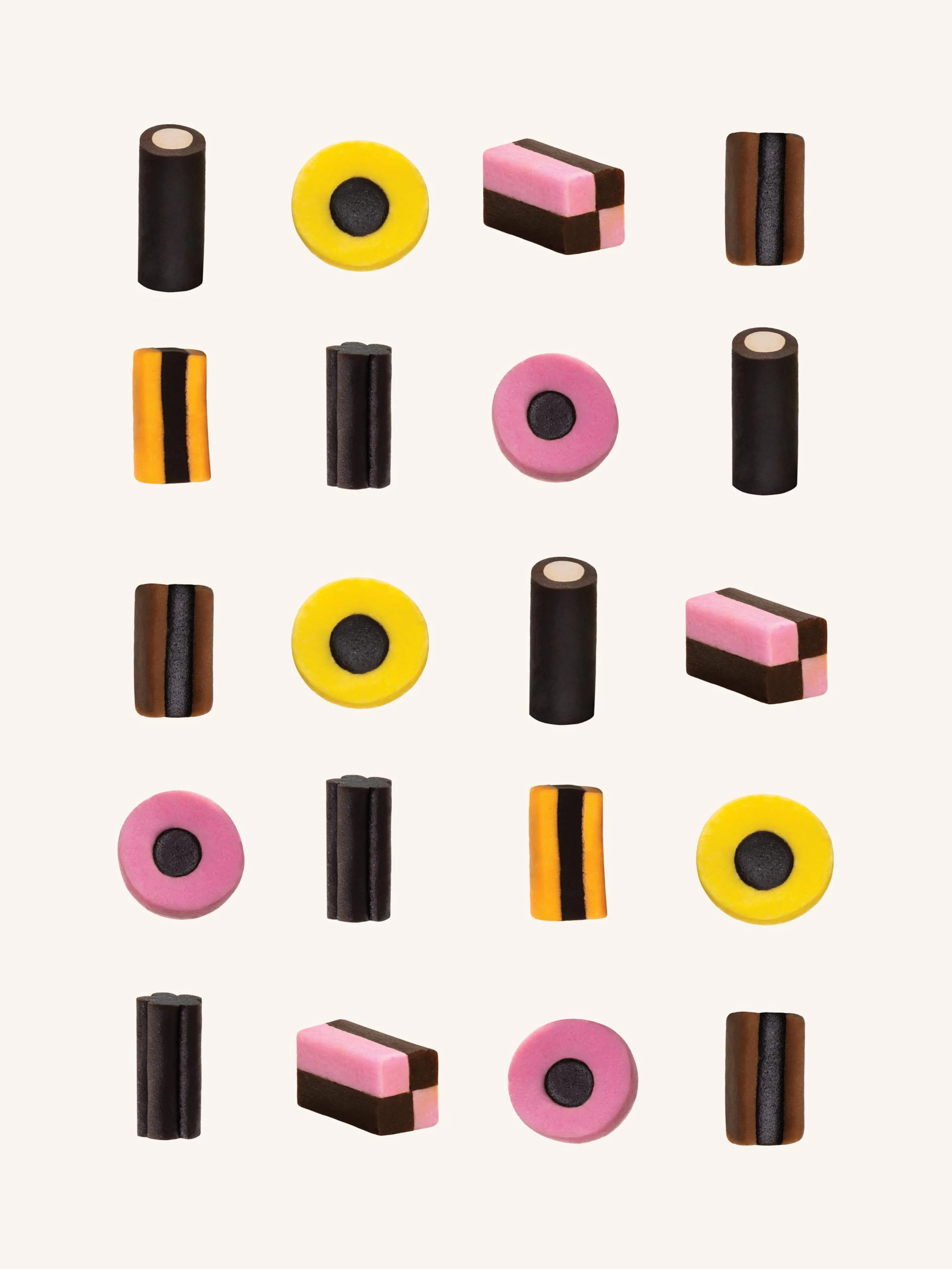 A white print featuring a grid of colourful Licorice Allsorts lollies, including pink, yellow, and striped black and orange cand
