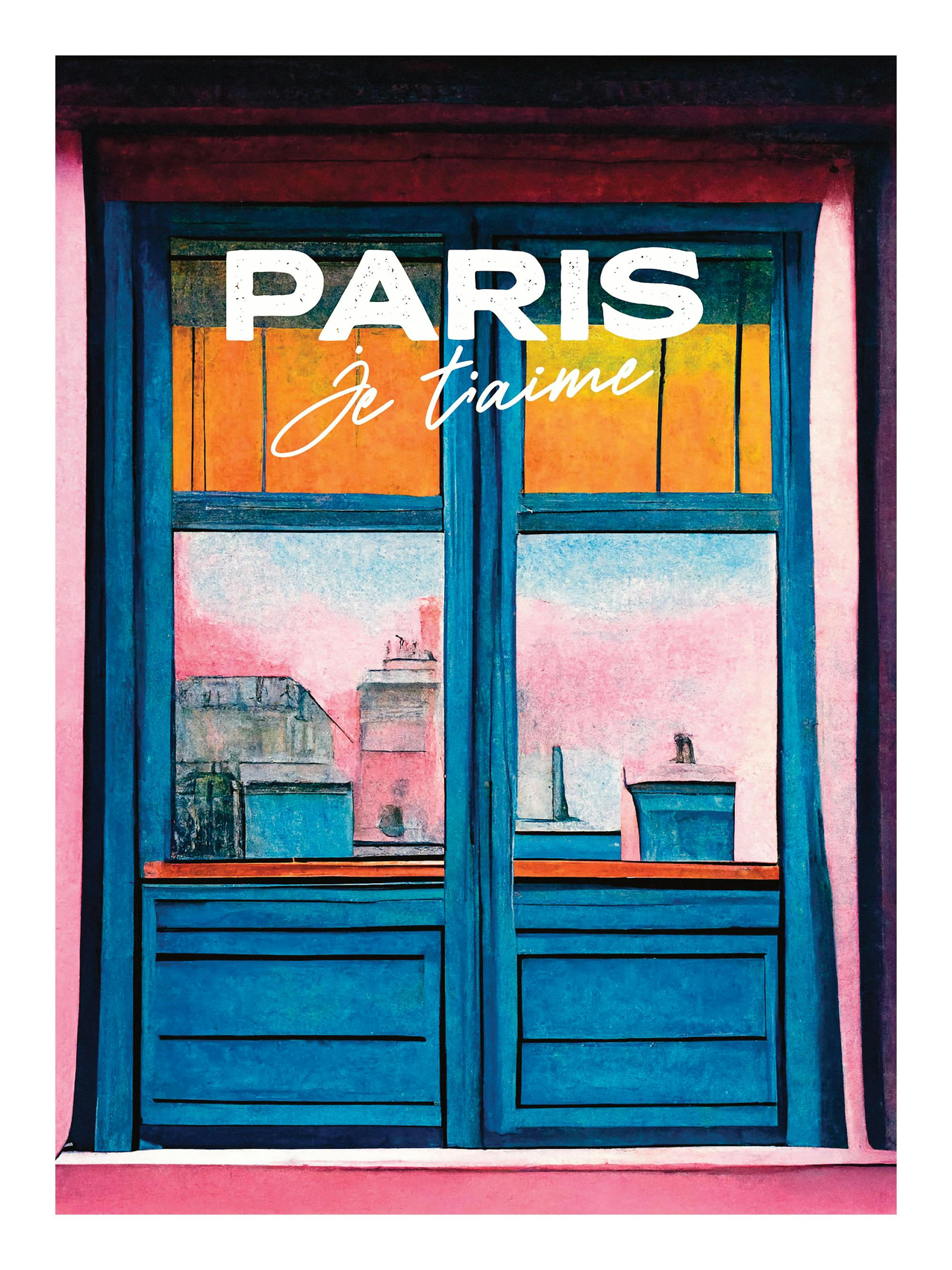 Paris Fenster Illustration: Lebhaftes blaues und oranges Fenster mit der Aufschrift PARIS je taime“, Blick über die Dächer von P