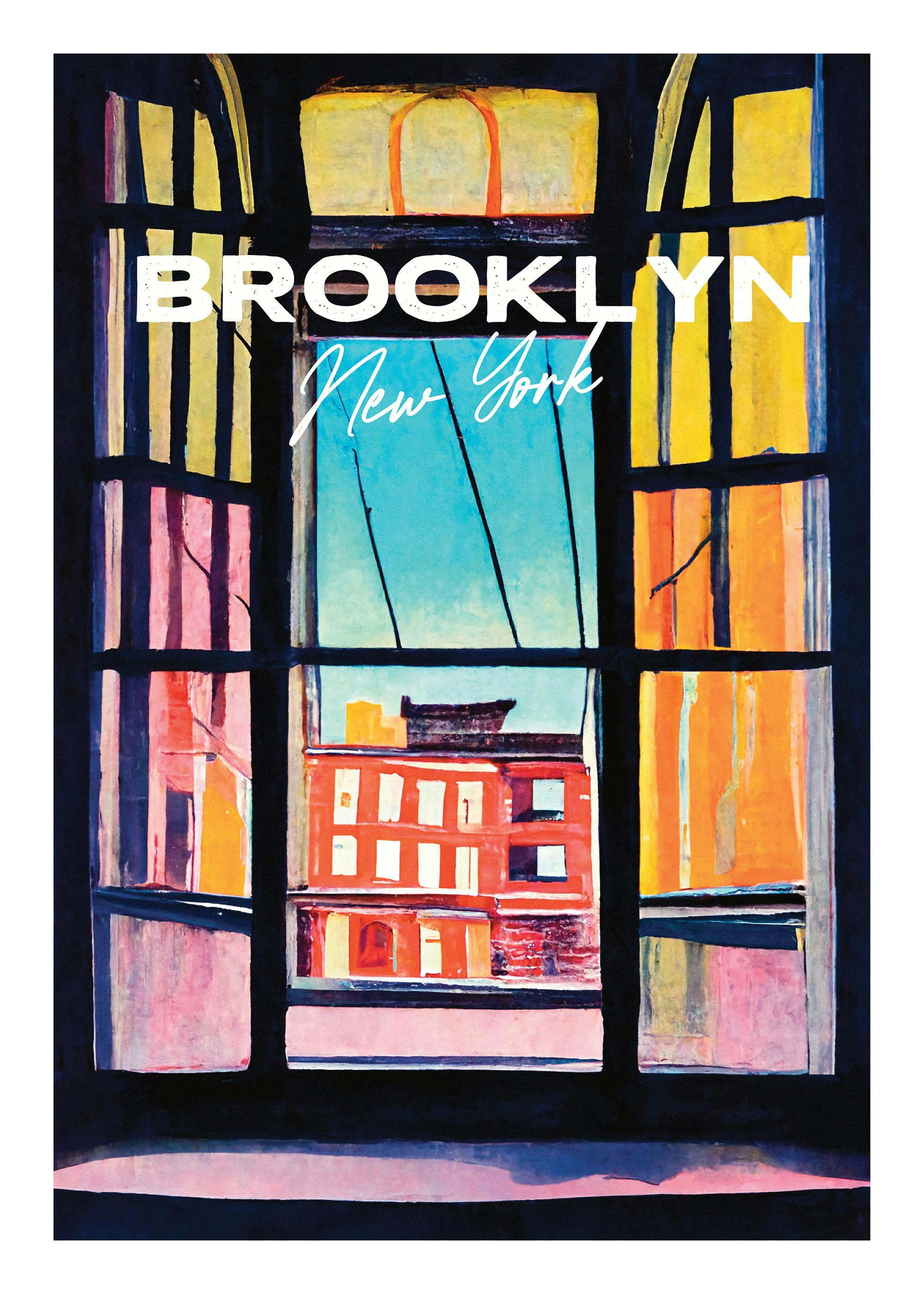 Colourful illustration of a Brooklyn window view with buildings and the sky, featuring Brooklyn New York text.