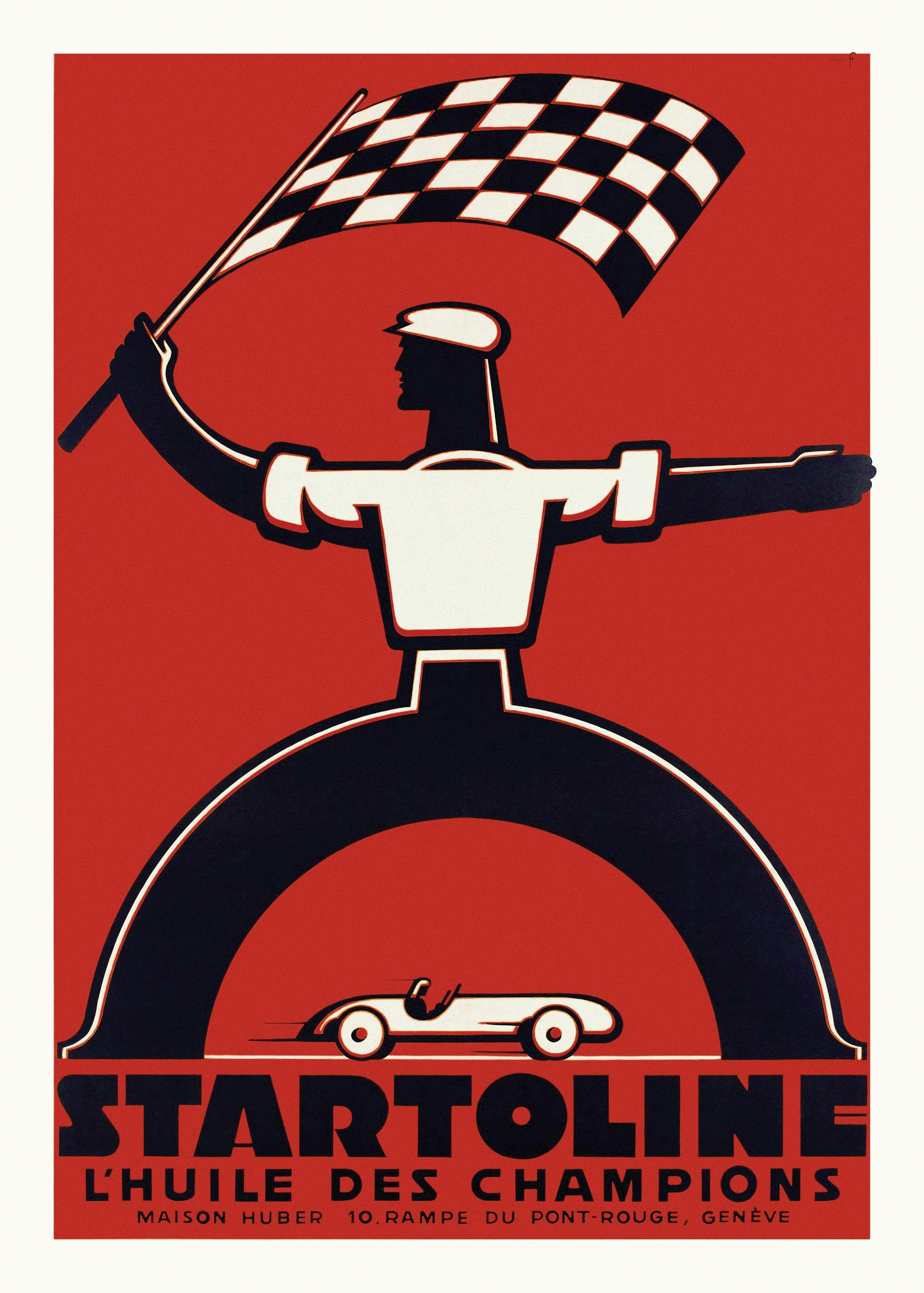 Vintage racing poster, a racing official with a checkered flag over a race car, on a red background.