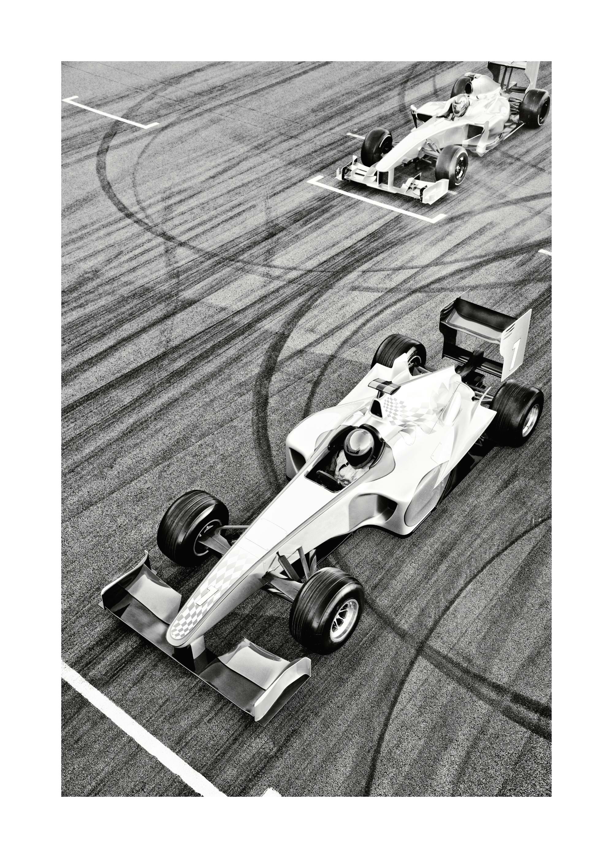 Affiche noir et blanc de deux voitures de course sur une piste, avec des marques de pneus