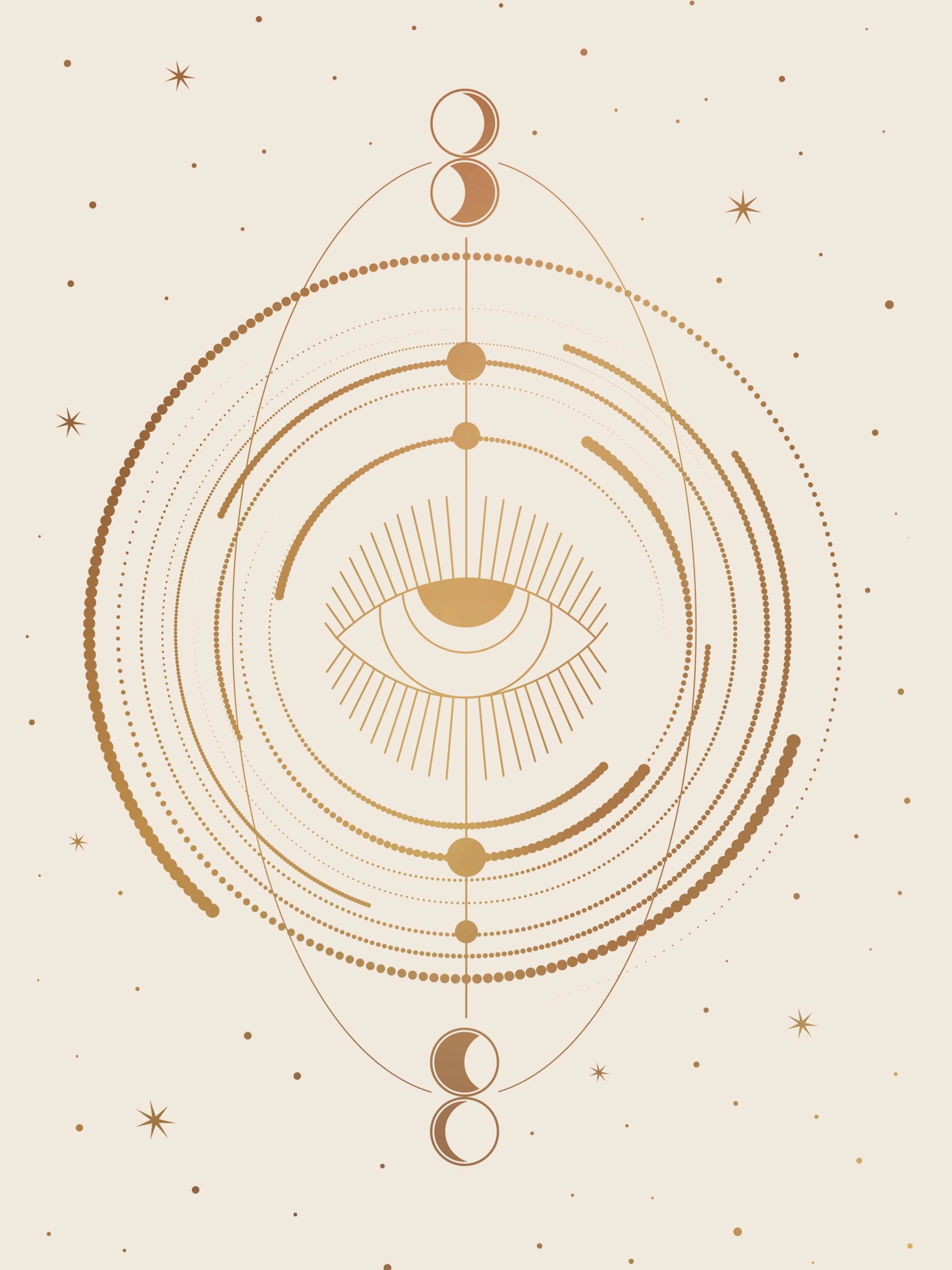 Póster ojo espiritual beige, ilustración mística con círculos y lunas, arte de pared espiritual