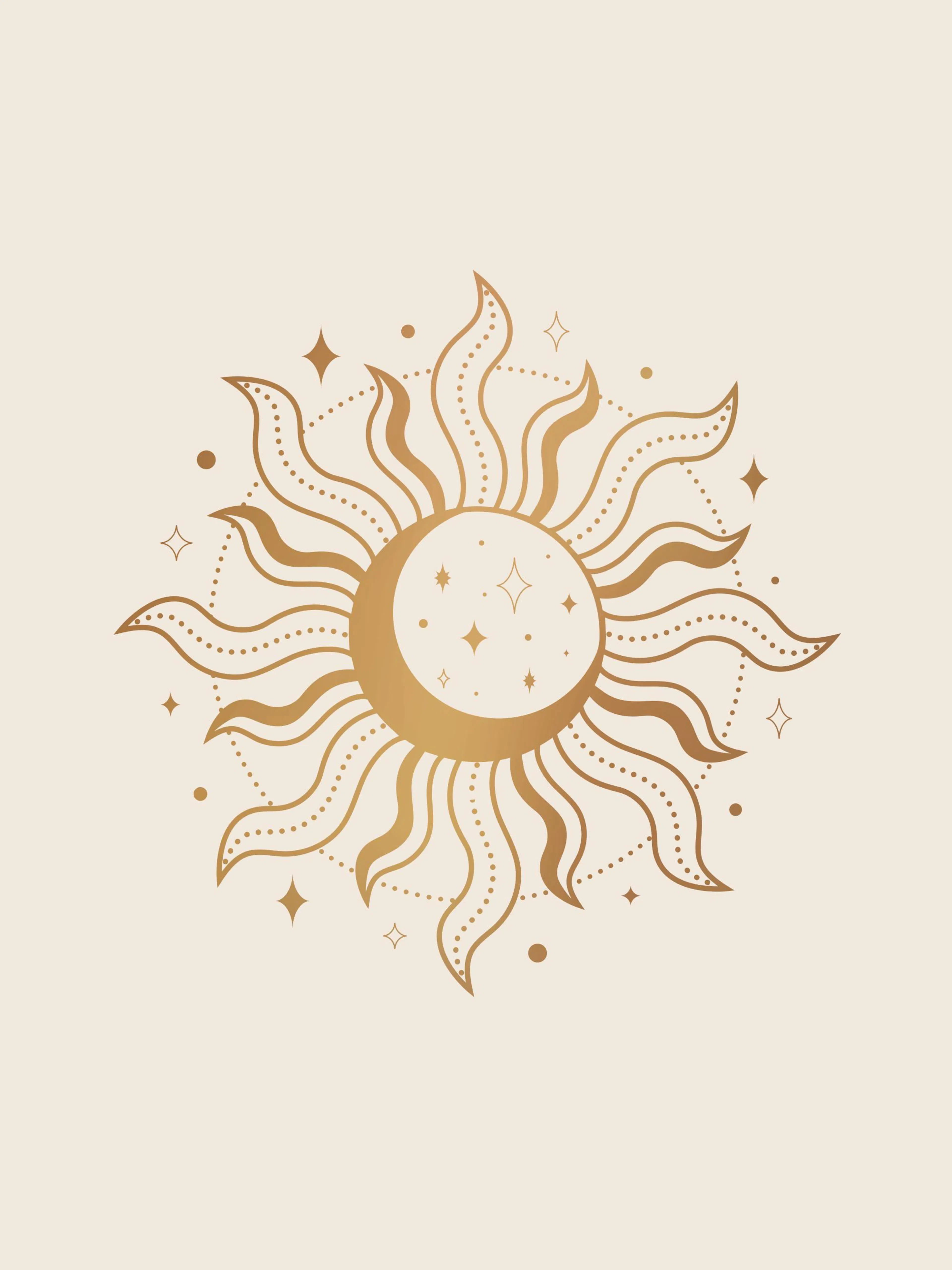 Ilustración de sol dorado con luna creciente y estrellas sobre fondo beige, estilo espiritual y mágico.