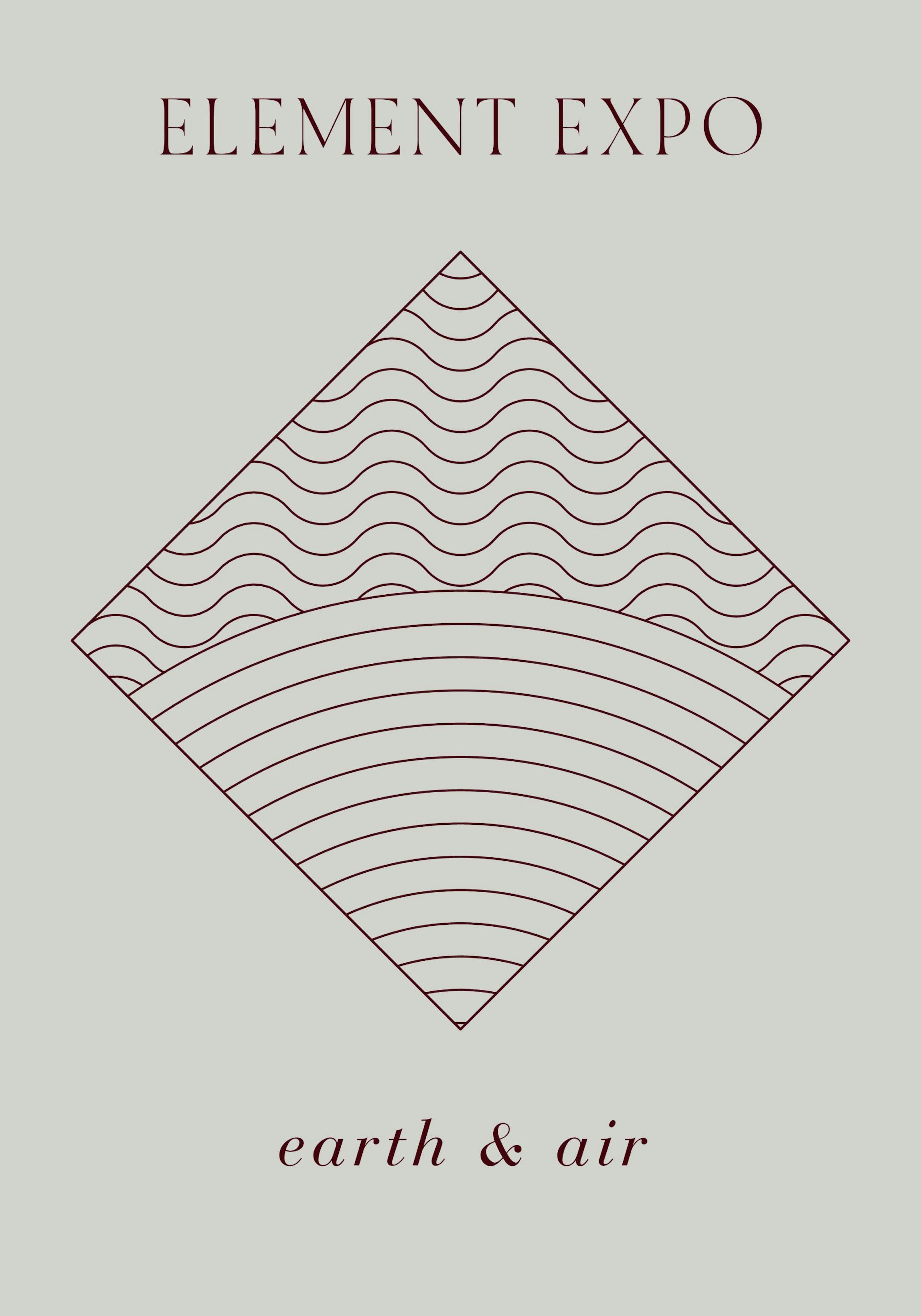 Earth and Air Element Expo poster print with abstract wavy and curved lines in a diamond shape on a green background.