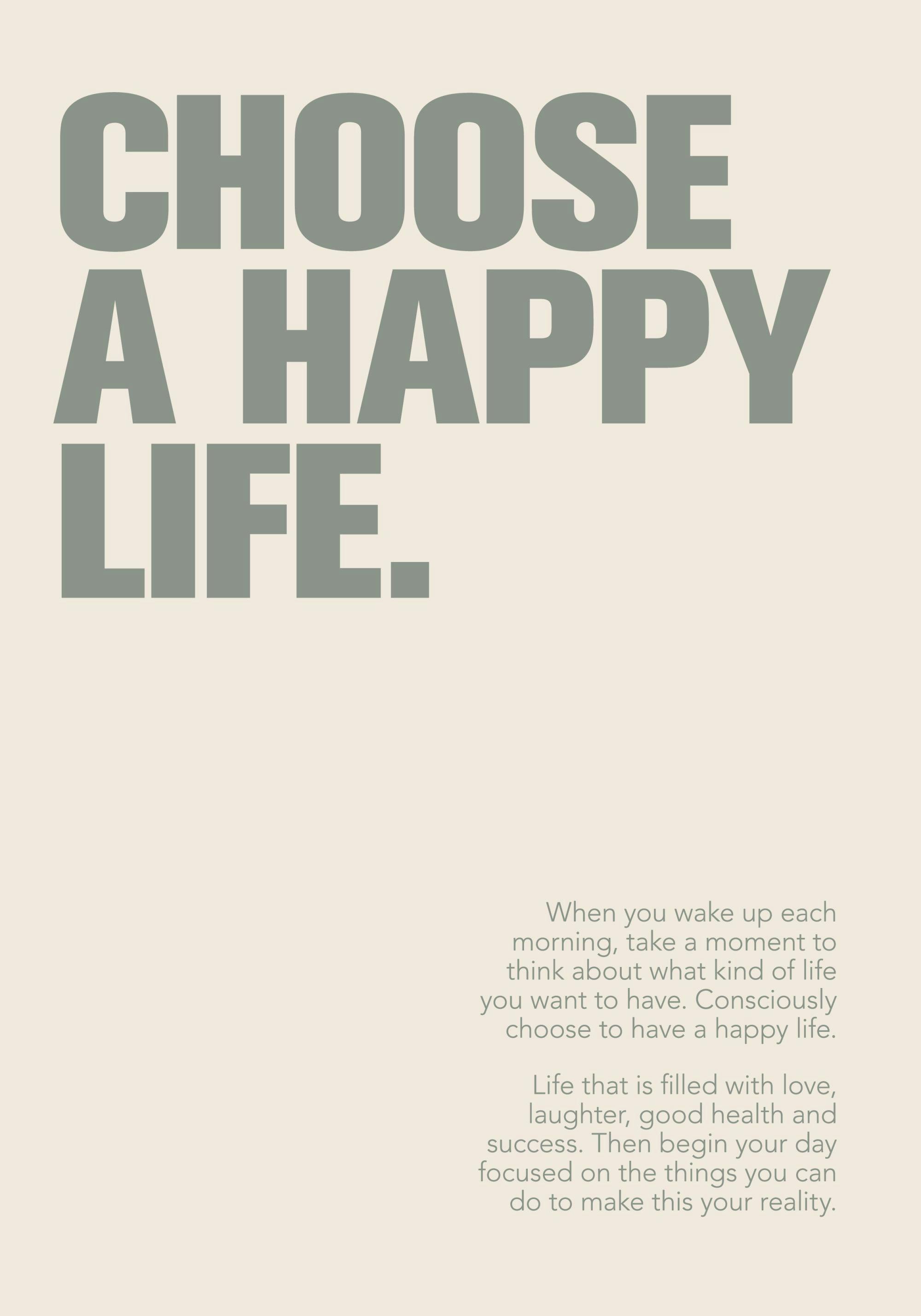 Poster i retrostil med texten Choose a happy life i grönt och beige, en typografiposter.