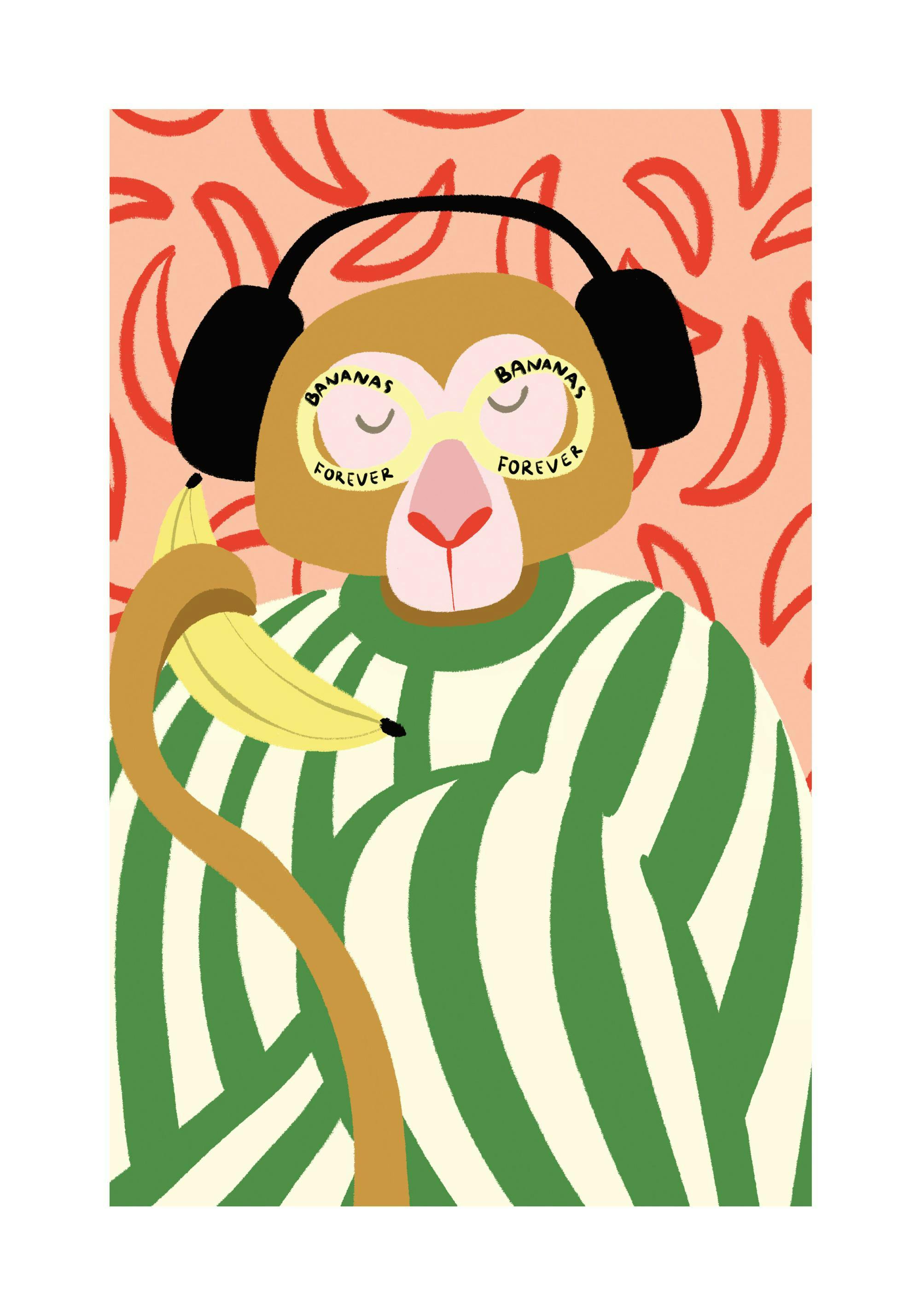 Póster gráfico de mono con gafas amarillas Bananas Forever, auriculares y sujeta un plátano