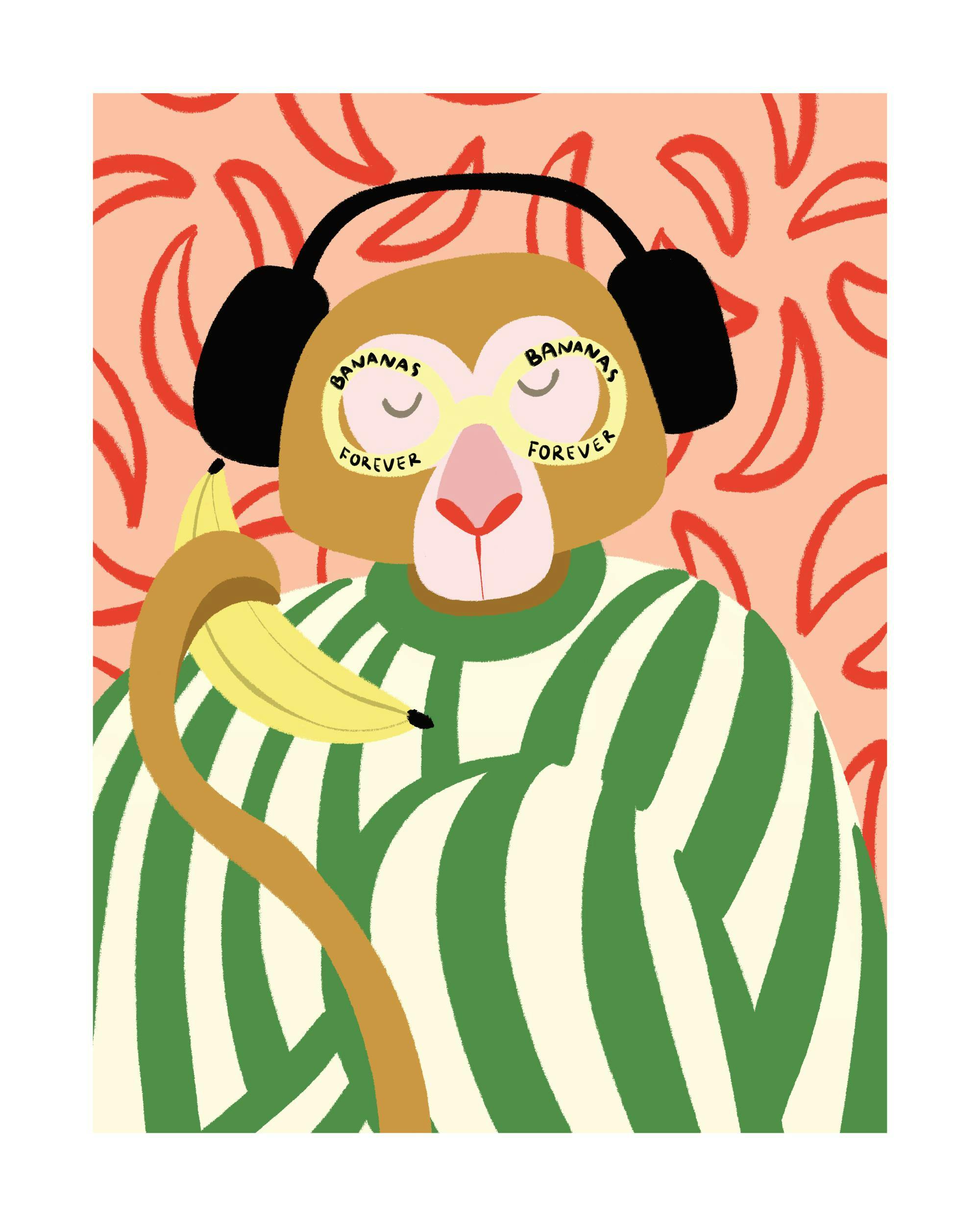 Affiche dun singe vert et beige avec lunettes jaunes, tenant une banane, écoutant de la musique. Texte Bananas Forever.