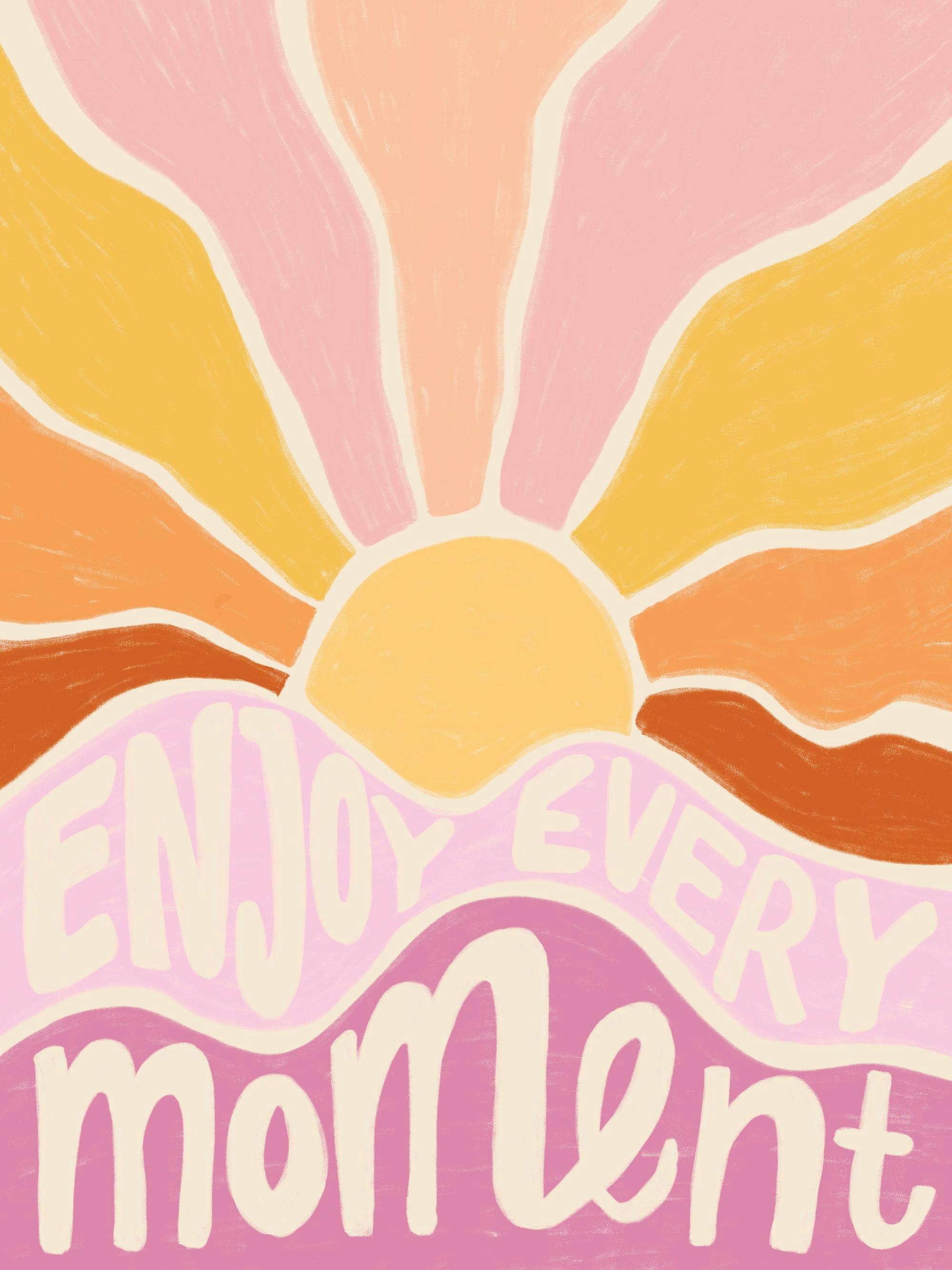 Póster Enjoy every moment con sol vibrante y texto blanco sobre ondas rosadas.