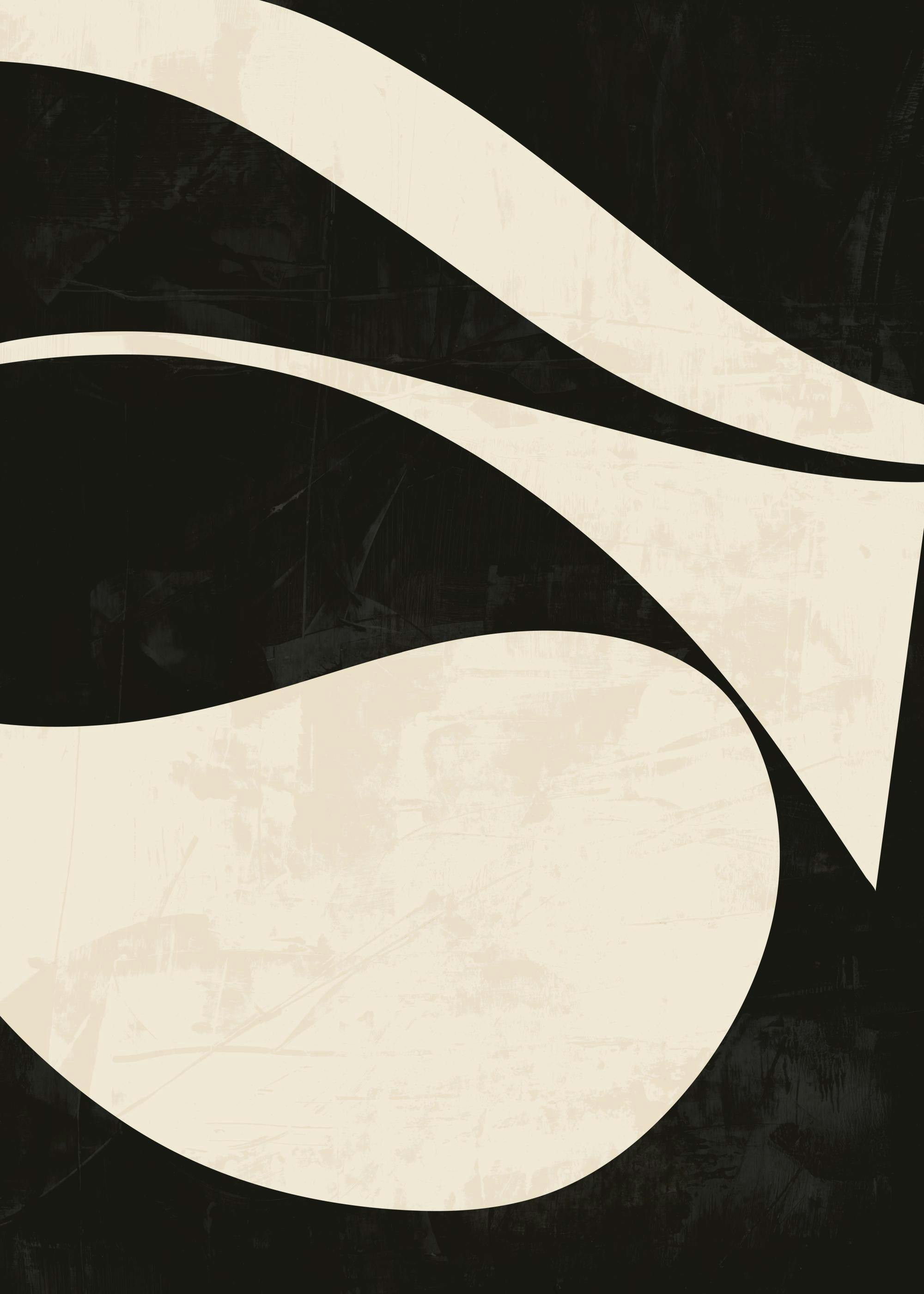 Affiche abstraite beige et noire avec des motifs de vagues et de courbes sur fond texturé, style moderne