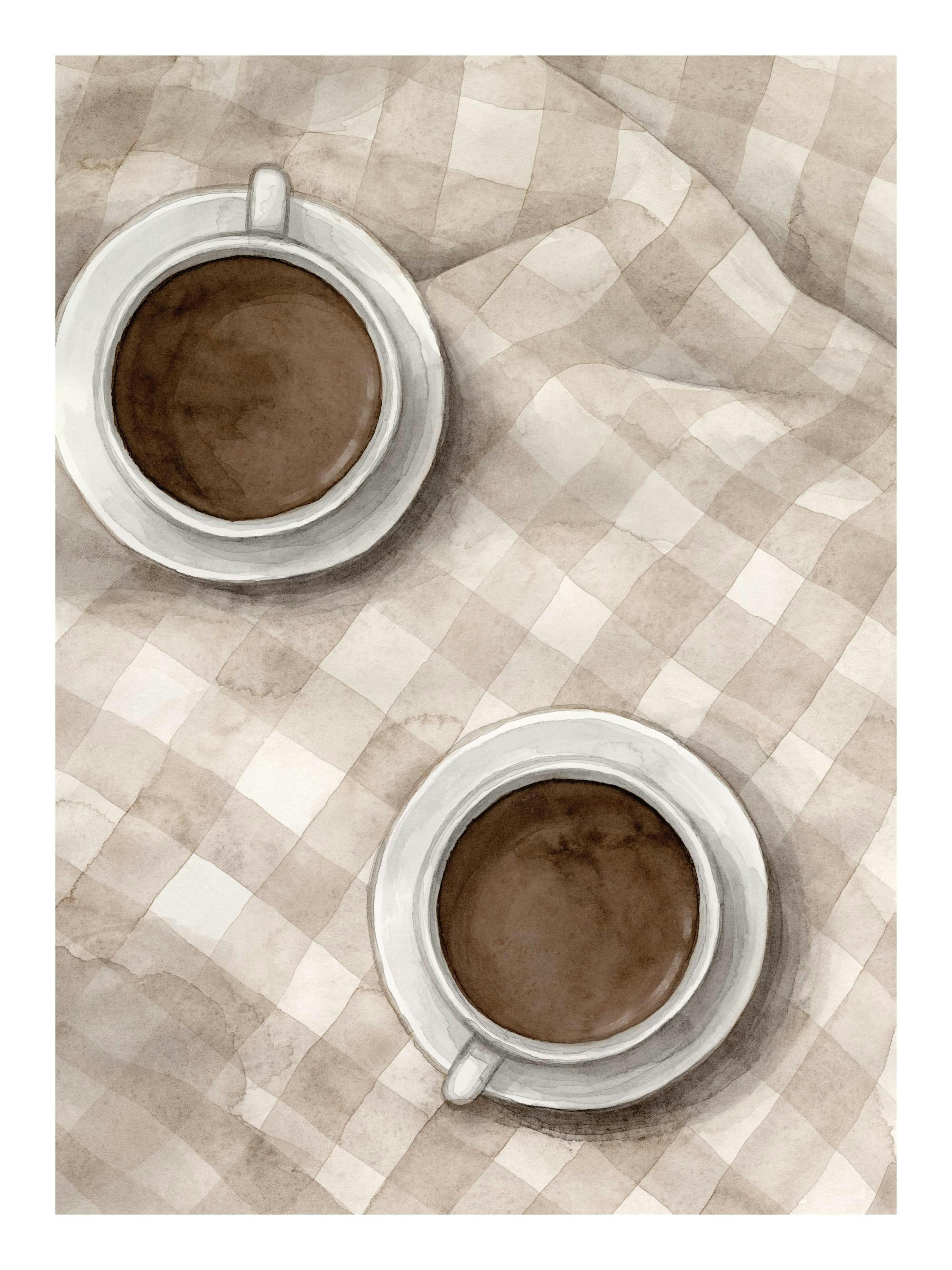 Aquarel koffie poster met twee koffiekopjes op een geruite deken, bruin en wit.