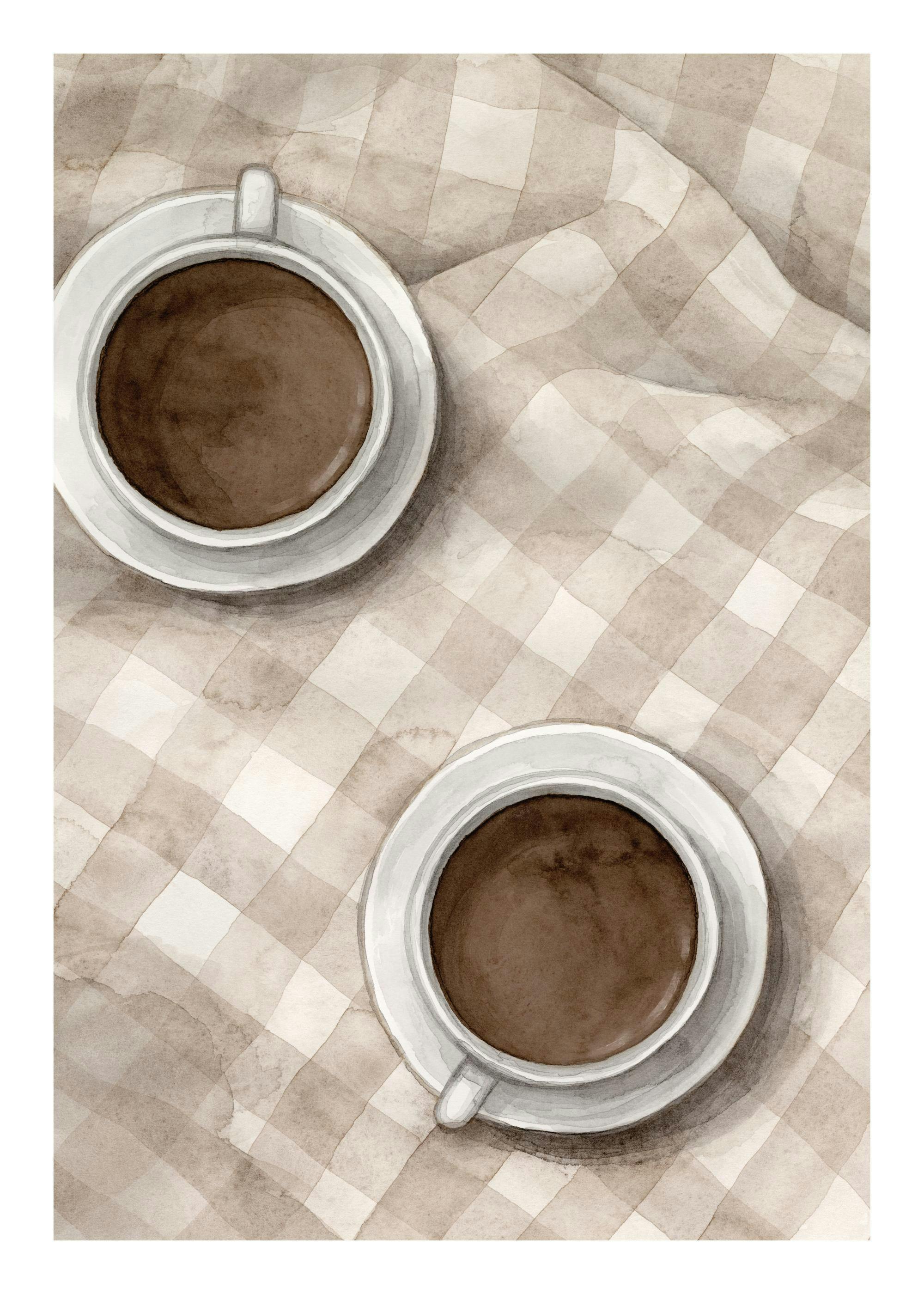 Watercolor coffee print: two coffee cups on a beige and white checkered blanket, overhead view.