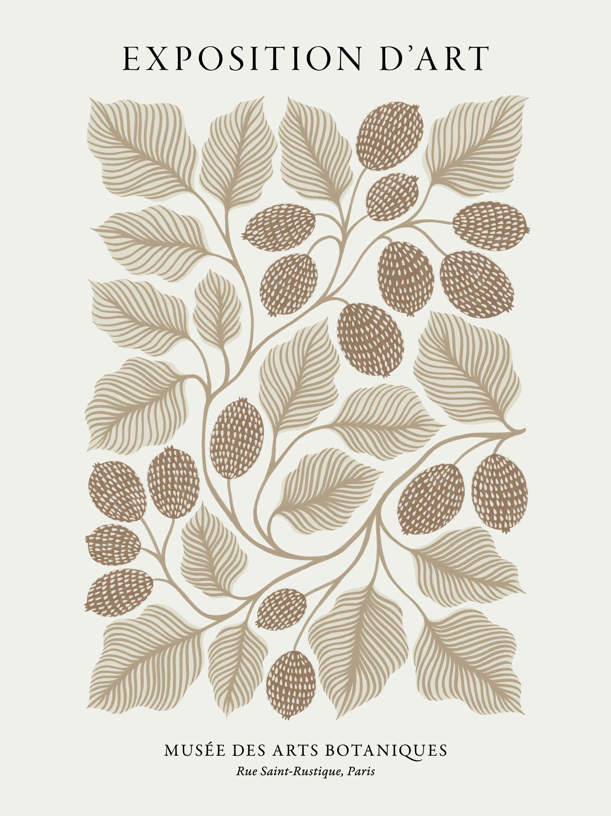 Botanisk poster med beige och bruna löv och frukter, texten Exposition Dart och Musée Des Arts Botaniques i svart.