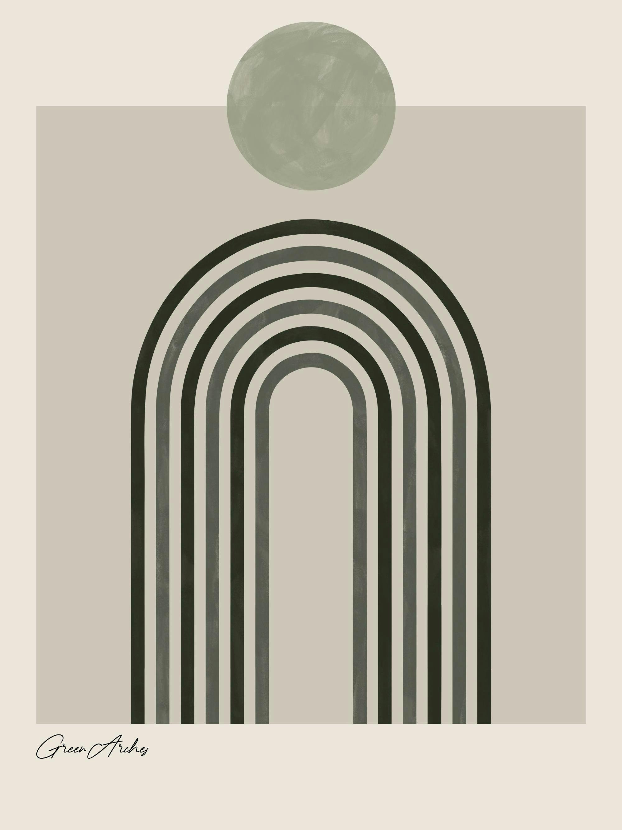 Grön bågposter med mörkgröna linjer som bildar en valvbåge, en grågrön cirkel och texten Green Arches på en beige bakgrund.