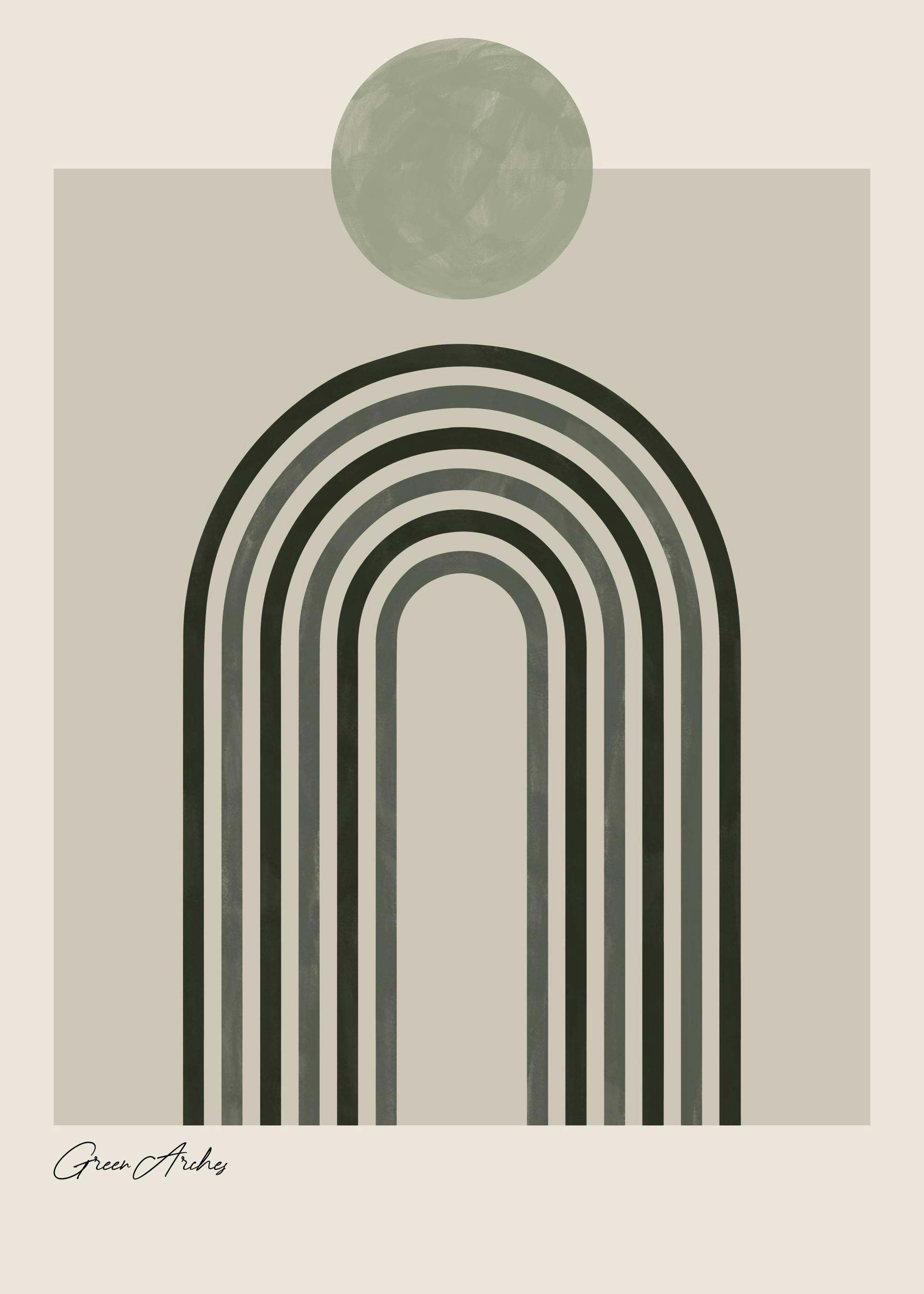 Green Arches print: minimalist art with a large dark green arch and a light green circle on a beige background.