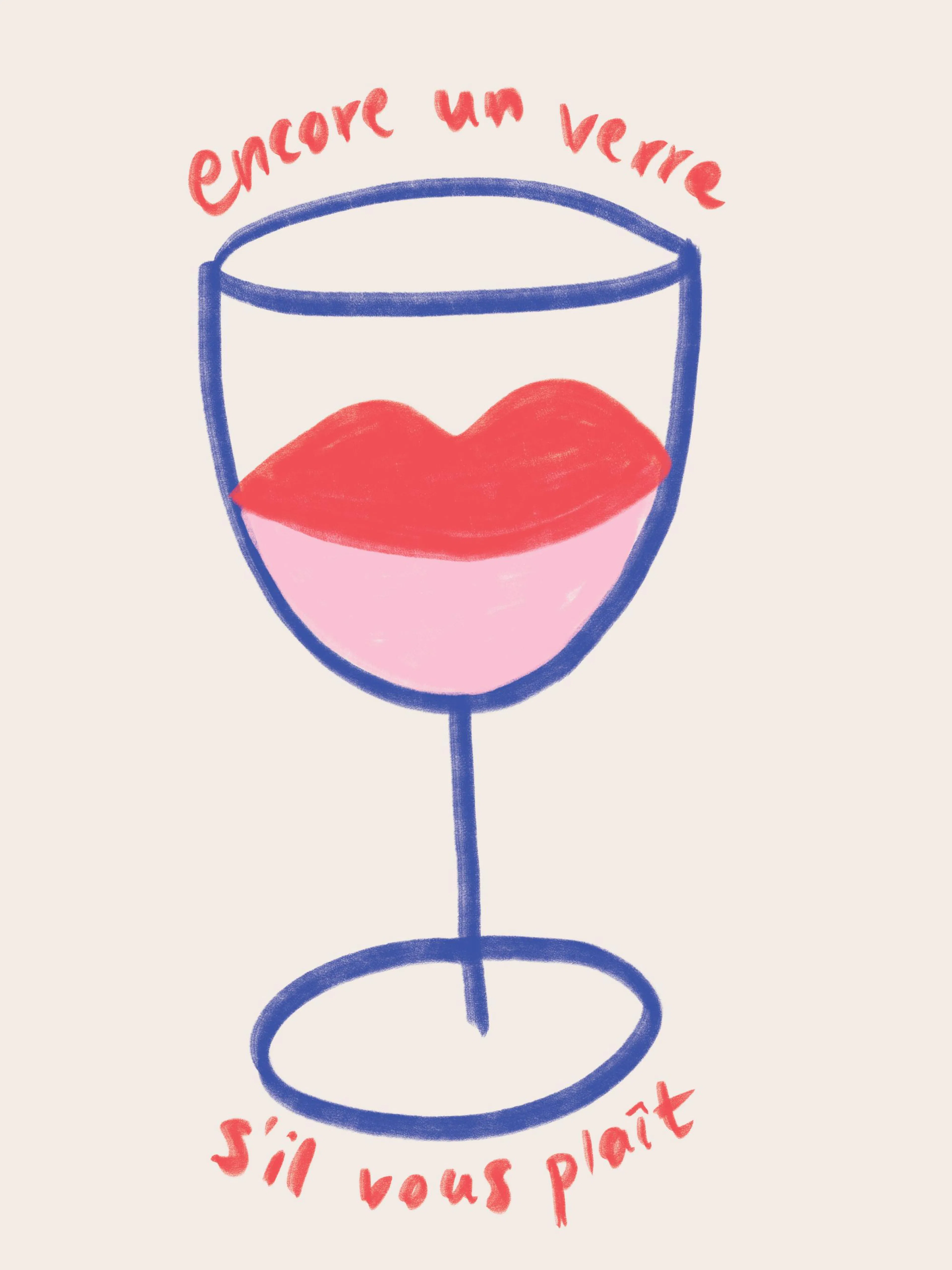 Wine glass illustration with red lips and Encore un verre sil vous plaît in French, perfect for wine lovers