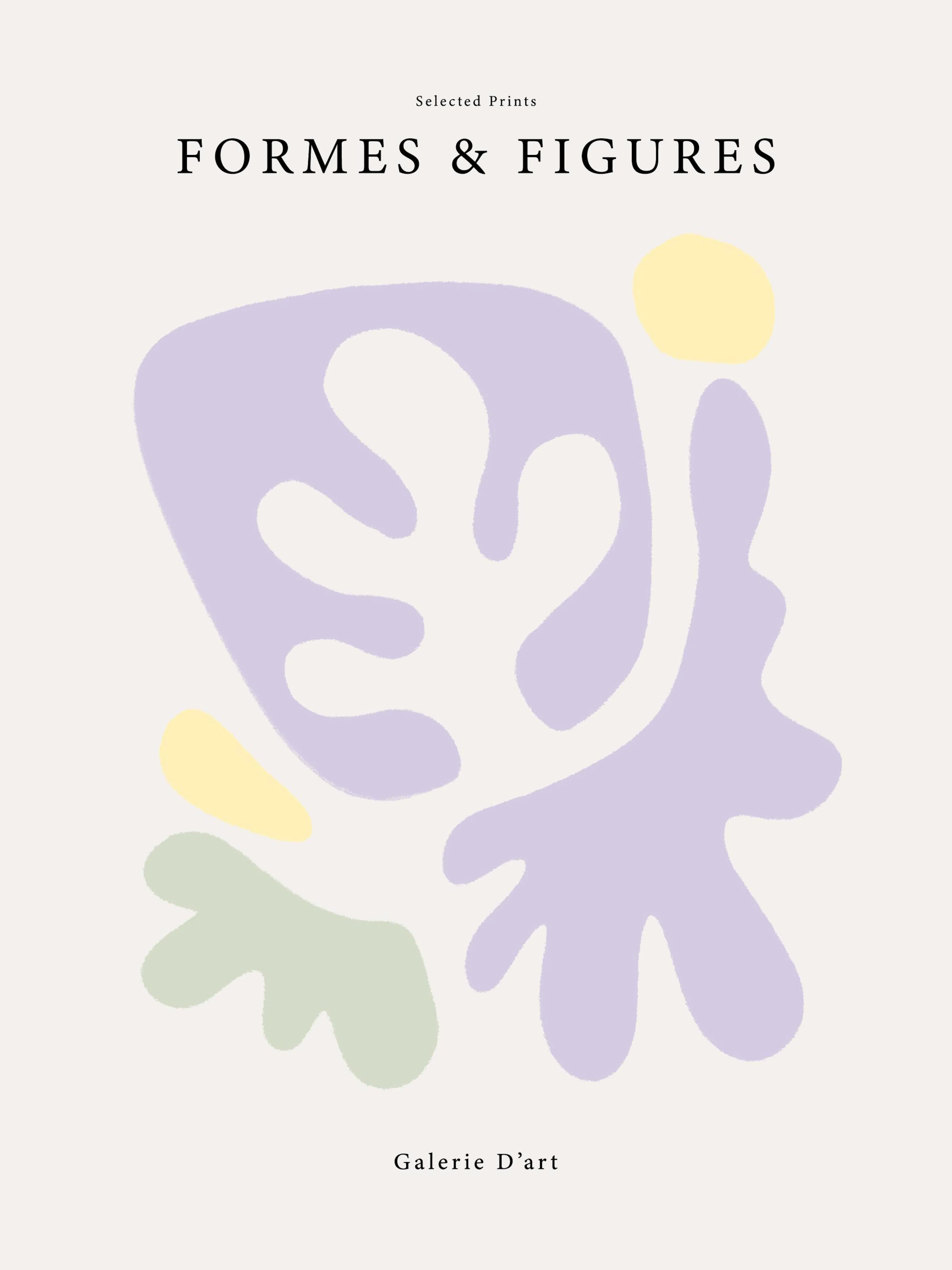Plakat med abstrakte lilla, grønne og gule pastelfarver i organiske former, moderne kunst.