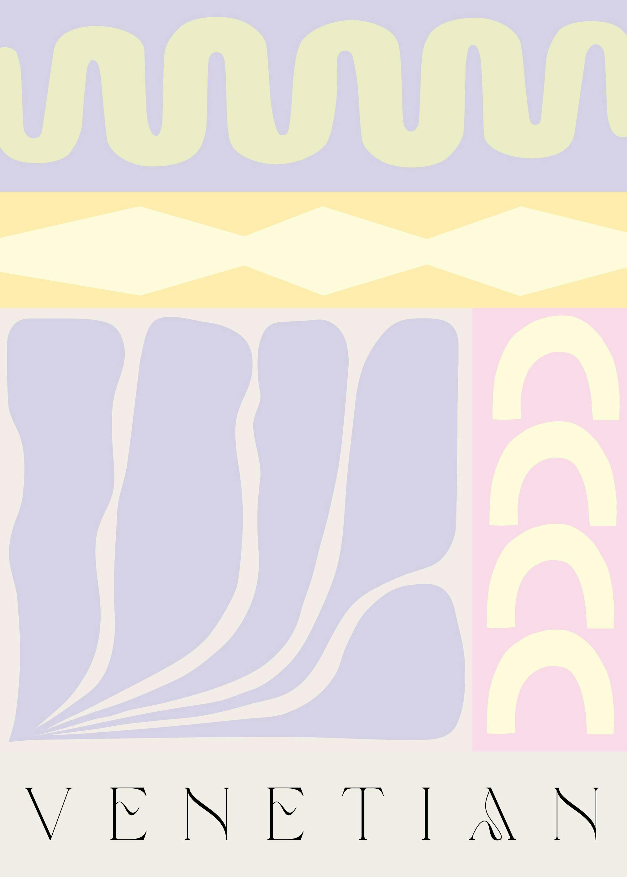 Pastel abstract poster with wavy lines, flowing shapes, and repeated arches in pink, yellow, purple, and beige.