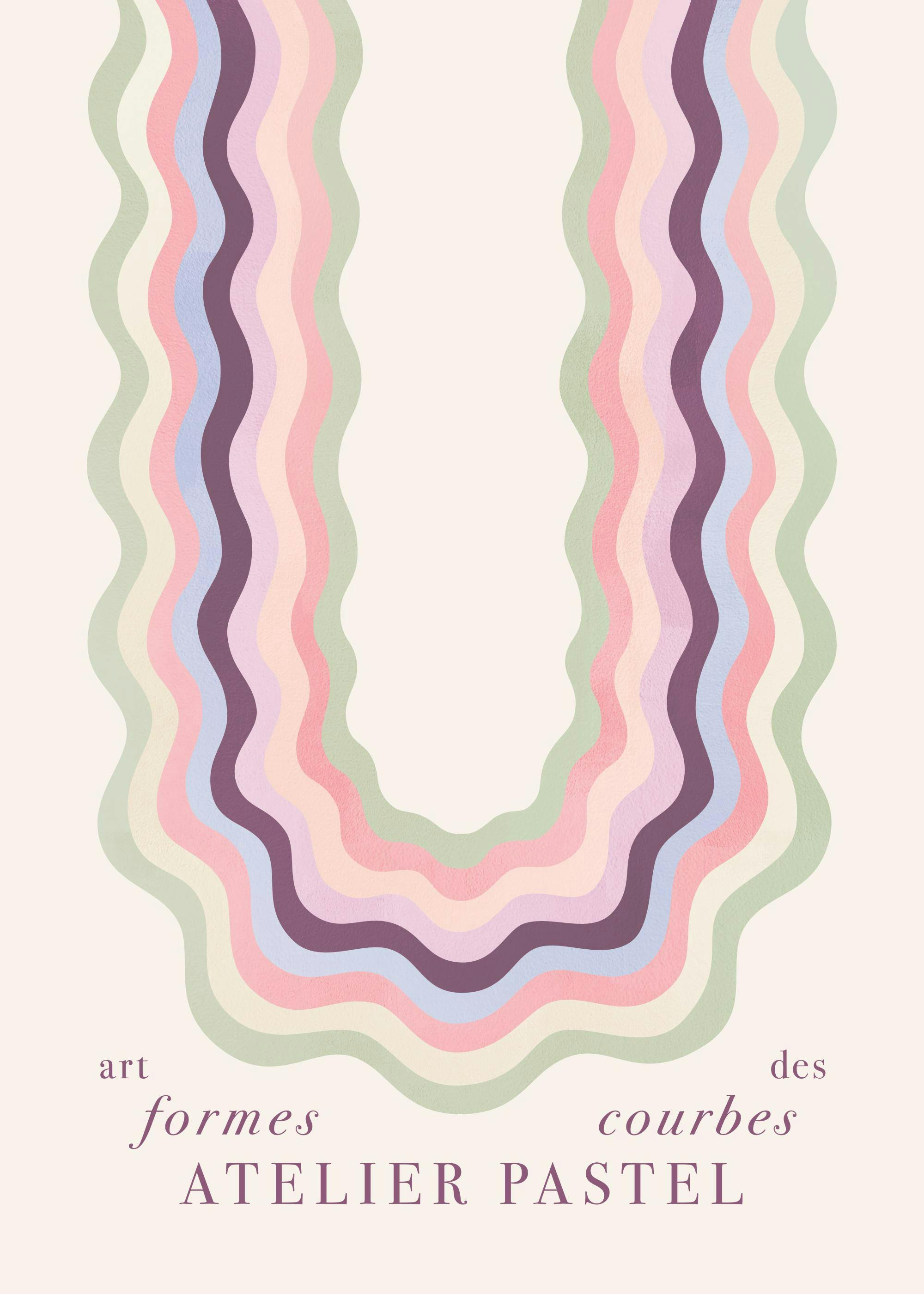 Pastel wavy lines poster with Art Des Formes Courbes Atelier Pastel text on a beige background, modern art print.