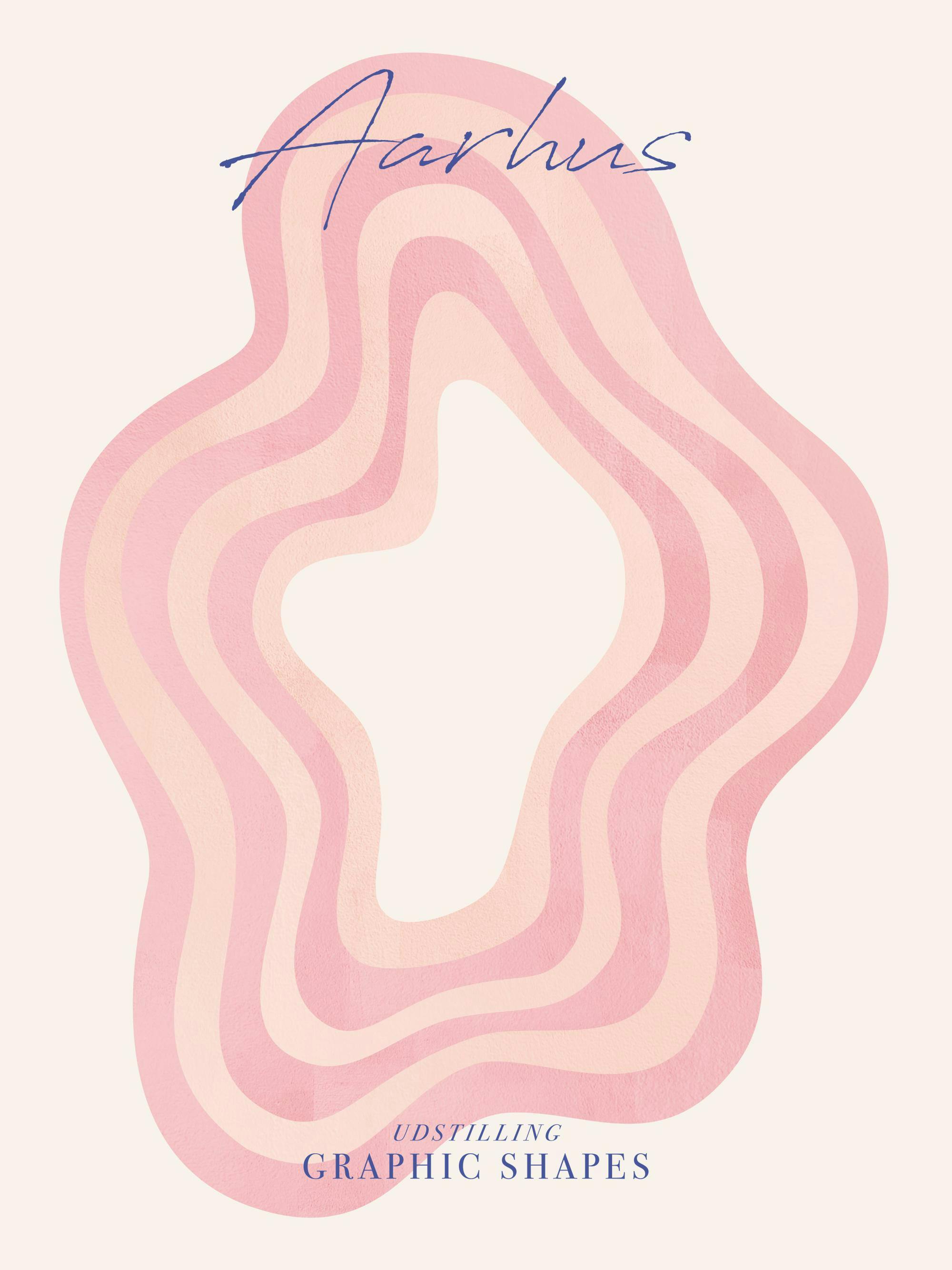 Affisch med vågiga linjer i rosa och beige pastell, mot beige bakgrund. Text Aarhus Udstilling Graphic Shapes.