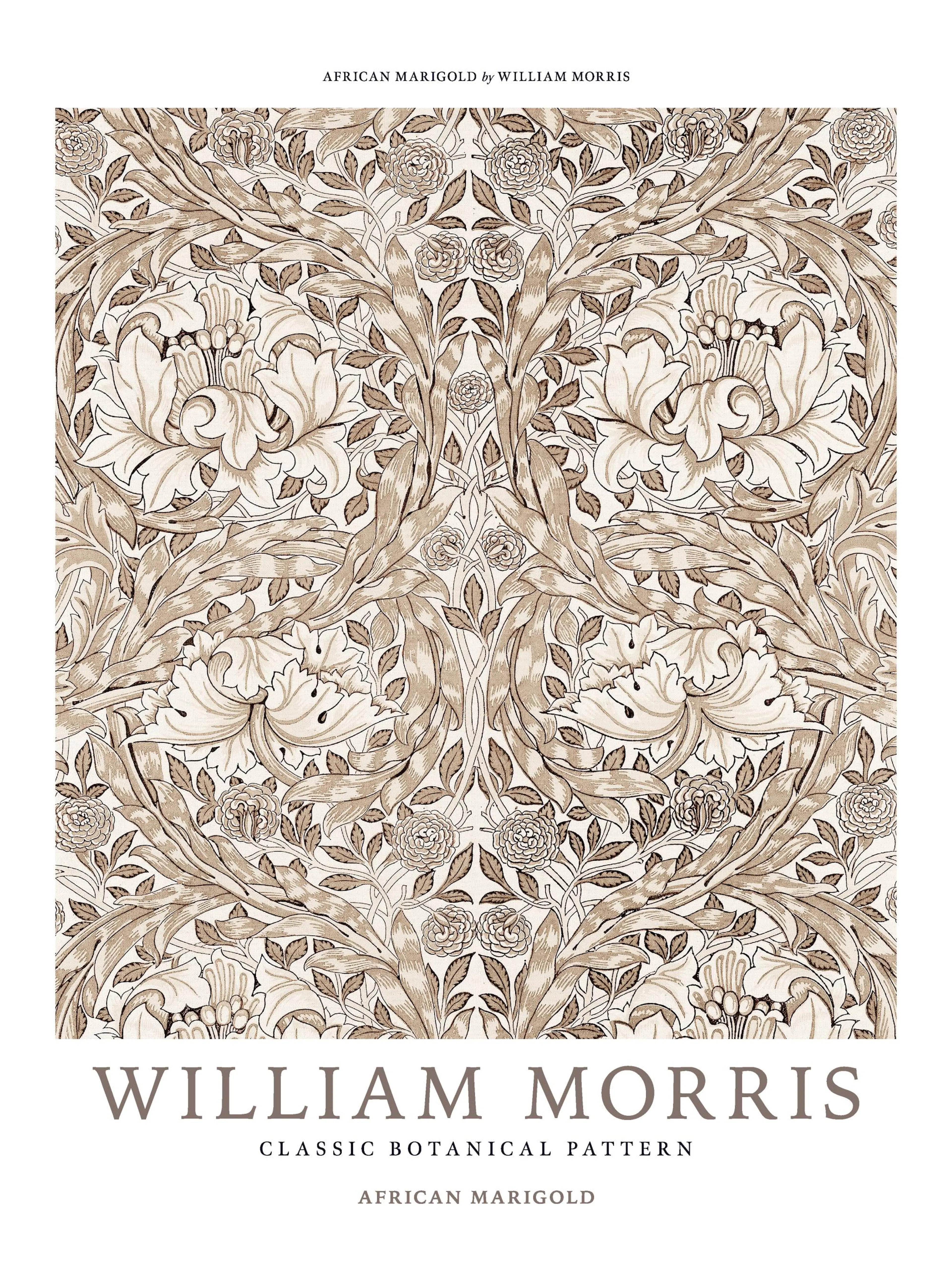 William Morris African Marigold botanical pattern in brown and beige, a classic flower print poster.