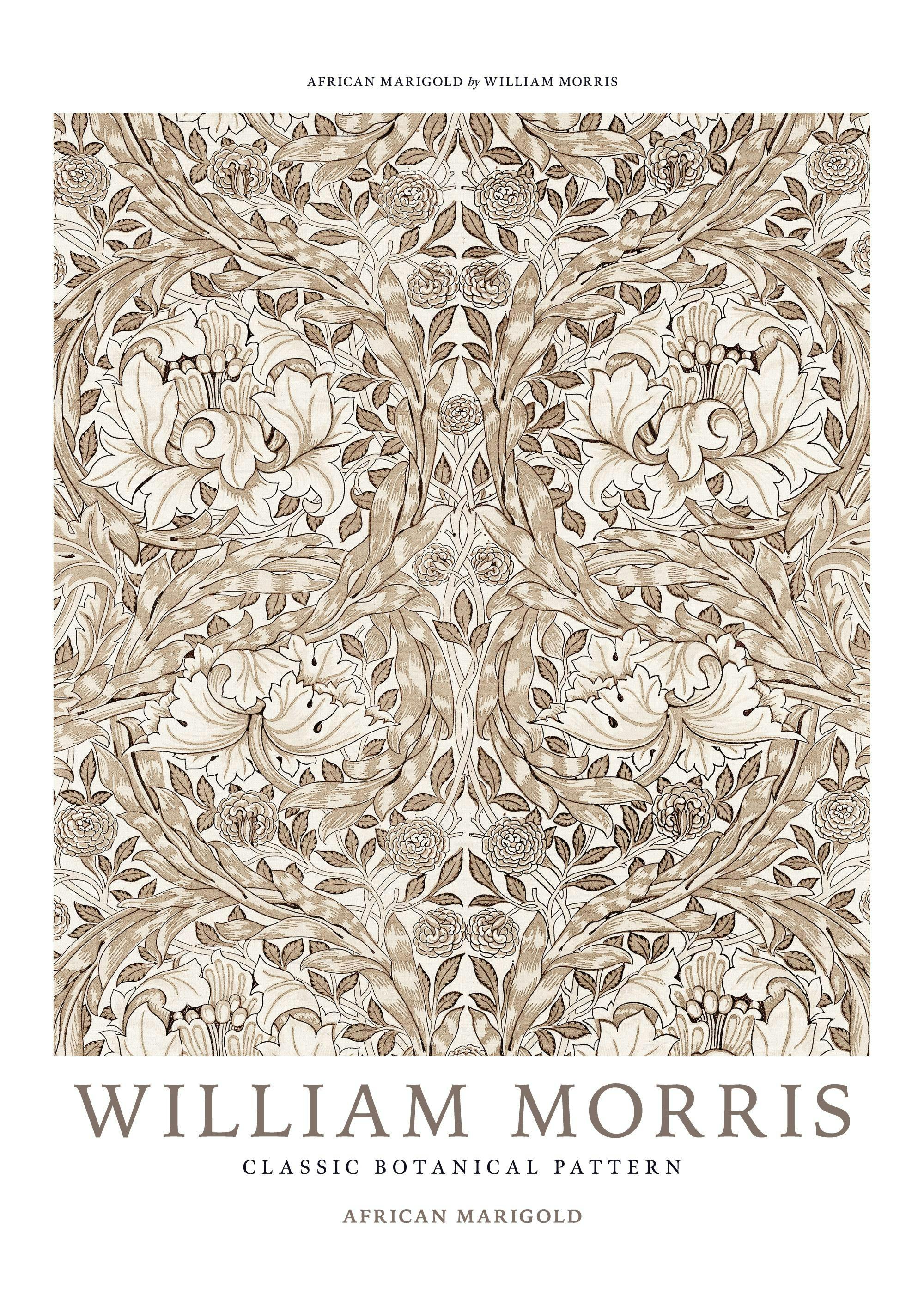 Affiche William Morris African Marigold au motif floral vintage marron et beige, typographie en bas.