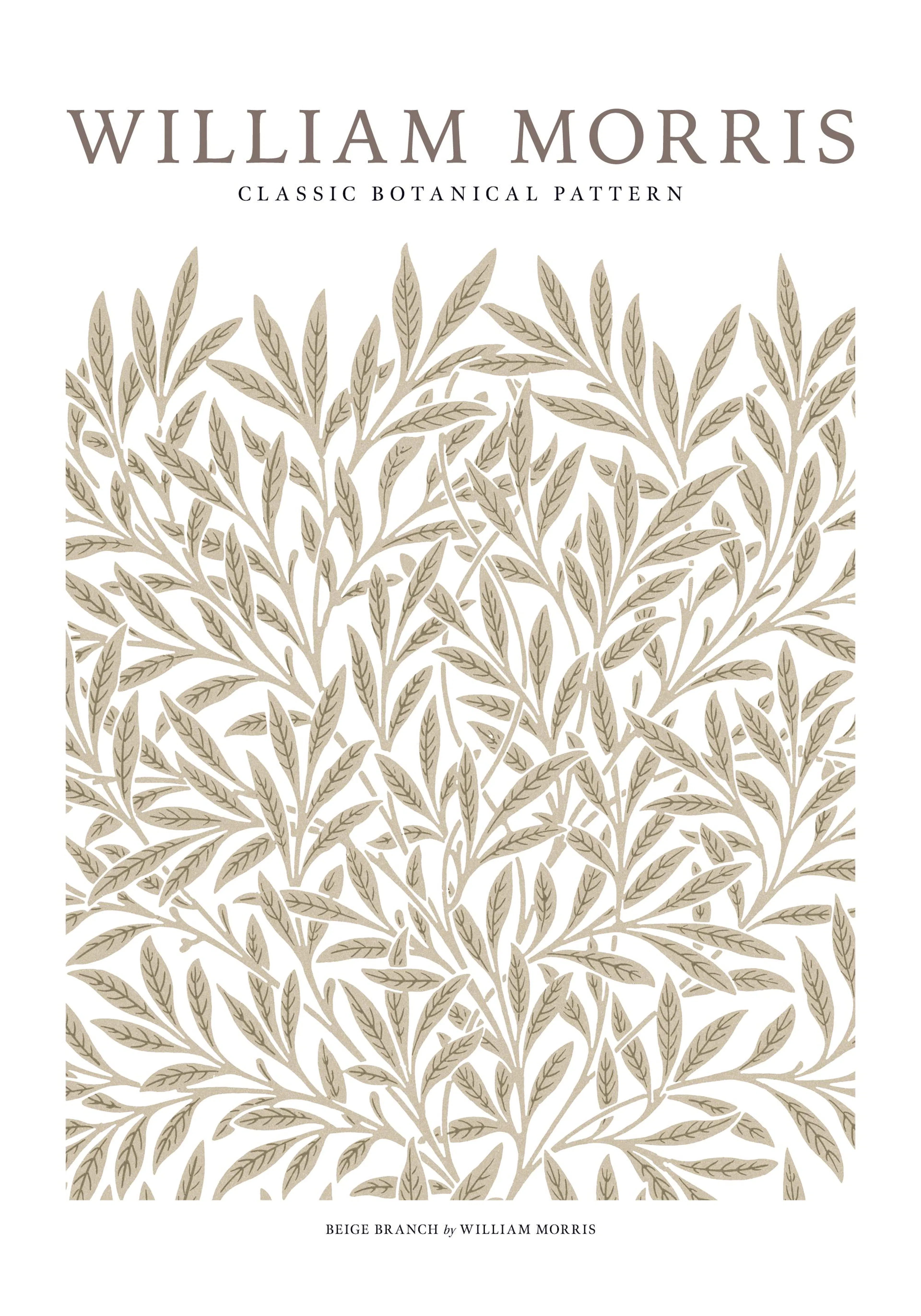 Póster botânico William Morris com padrão de ramo bege, folhas e videiras em fundo branco. Arte clássica.
